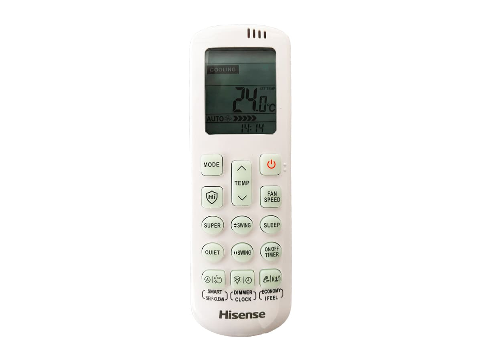 Un mando a distancia blanco para aire acondicionado con pantalla LCD negra y botones.