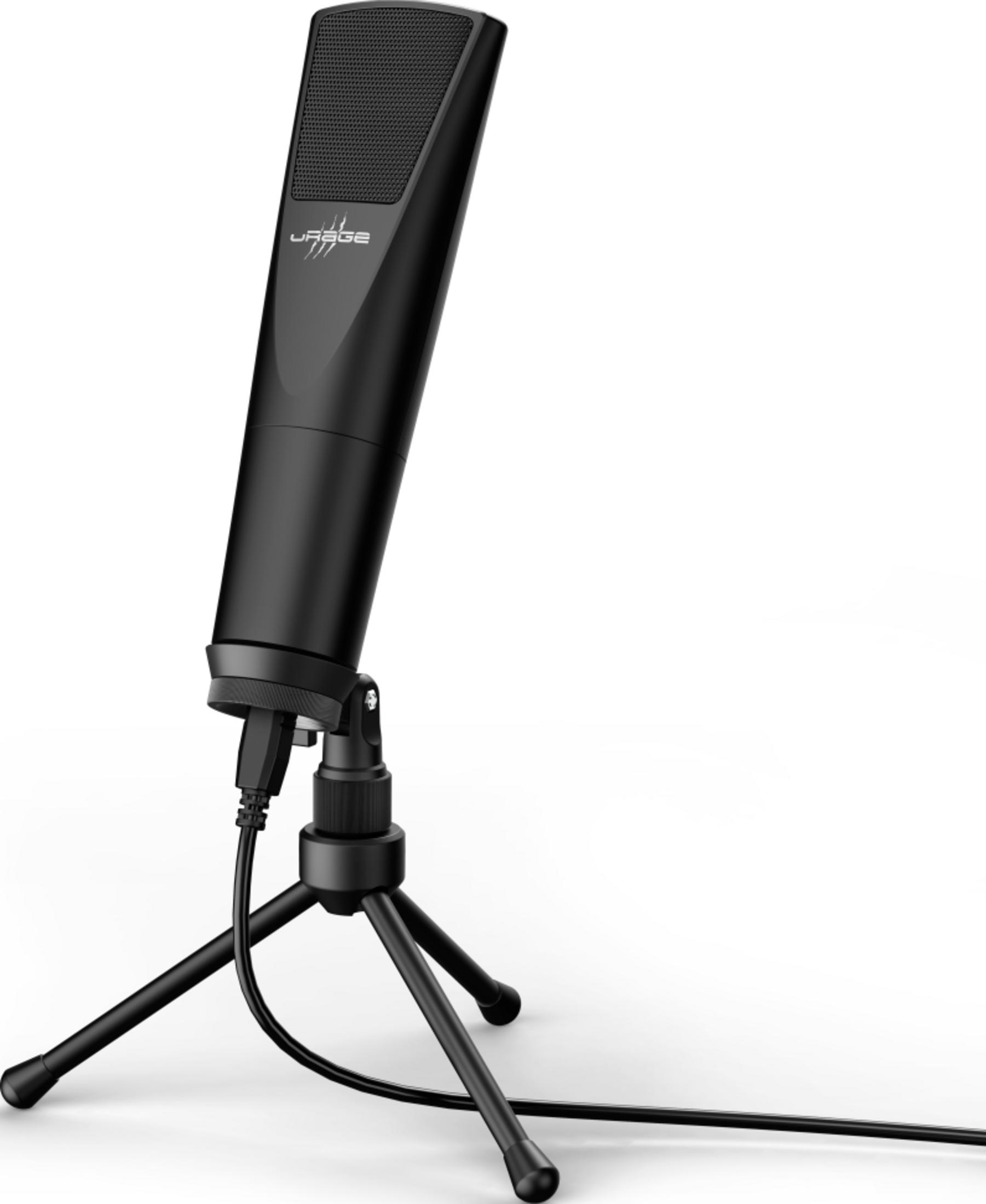 Ein schwarzes USB-Mikrofon mit Dreibeinstativ auf weißem Hintergrund.