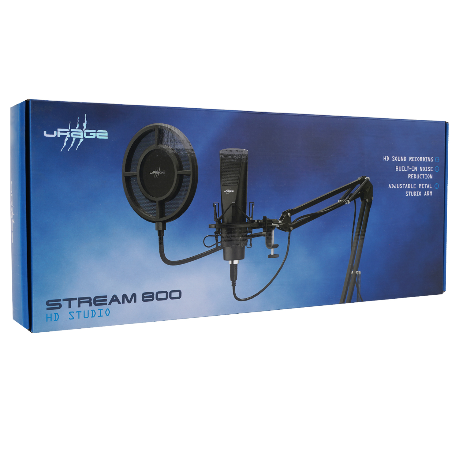 Verpackung mit Mikrofon, Popfilter und Scherenarm. 'Stream 800 HD Studio'.