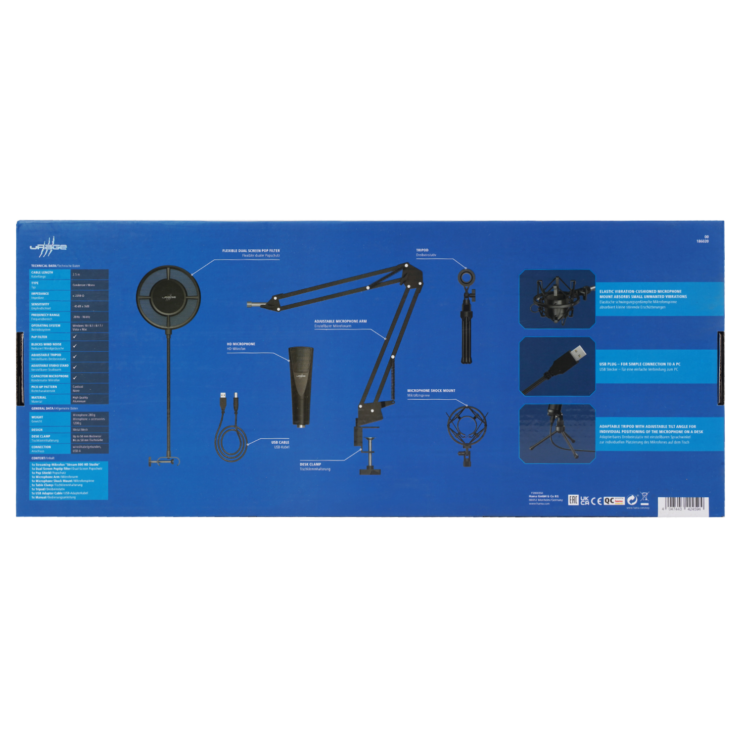 Verpackung eines Mikrofon-Sets mit Mikrofon, Arm, Stativ, Popschutz und Kabel.