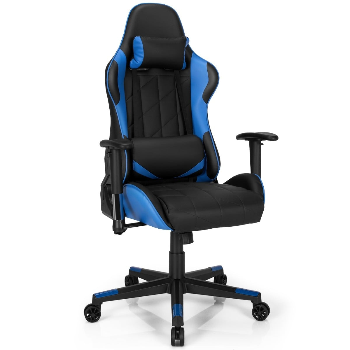 Zwarte gamingstoel met blauwe accenten, verstelbare armleuningen en wielen.