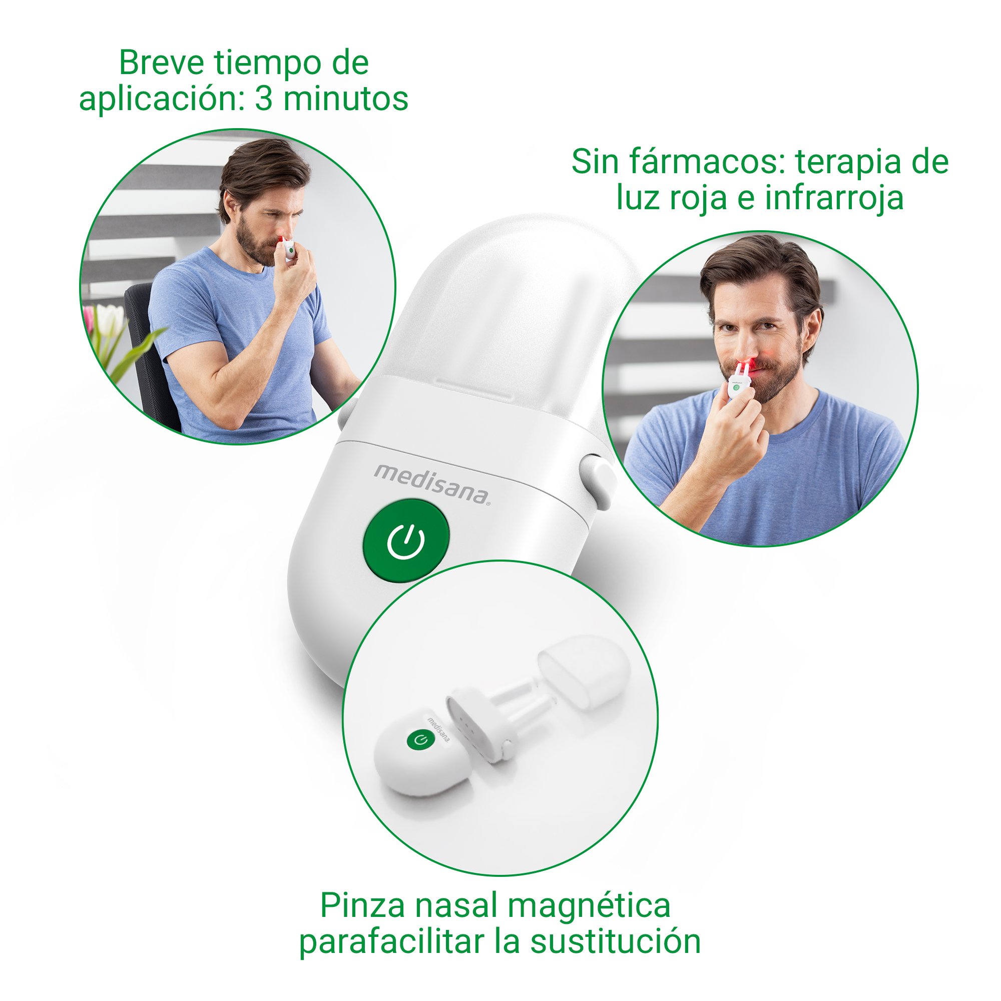 Hombre usa dispositivo nasal con luz roja. Primer plano del dispositivo y accesorio.