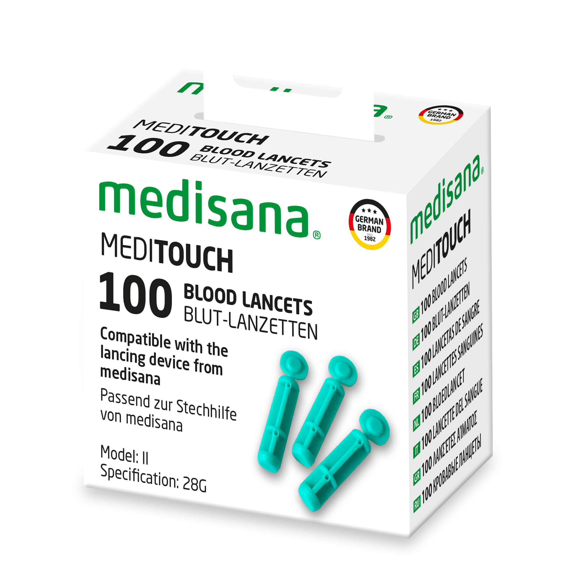 Box of 100 medisana Meditouch blood lancets, Model II, 28G, in teal.