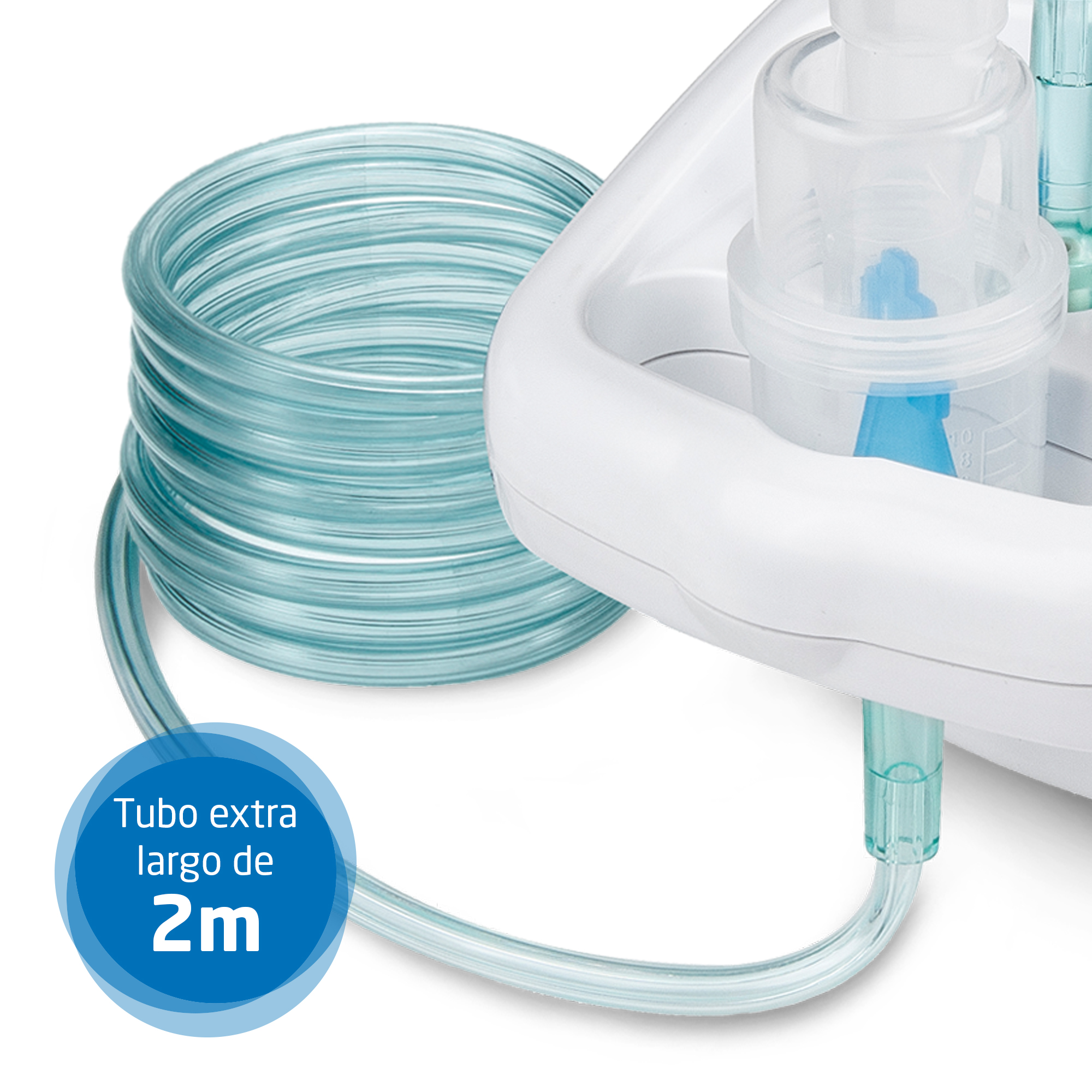 A white device with a coiled, turquoise-colored tube. Text in Spanish: 'Extra long tube 2m'.
