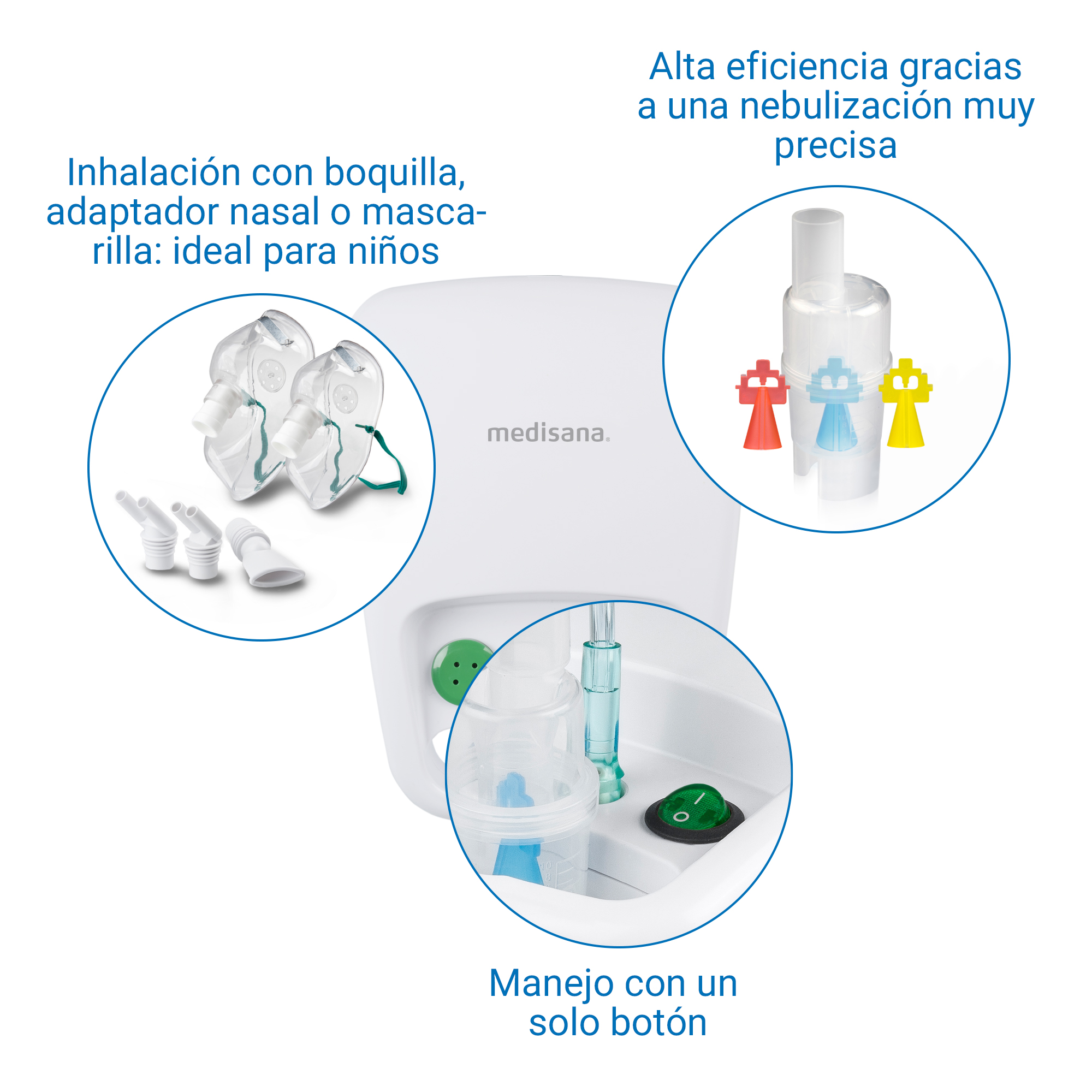 White medisana nebulizer with masks, mouthpieces, and nasal adapters. One-button operation.