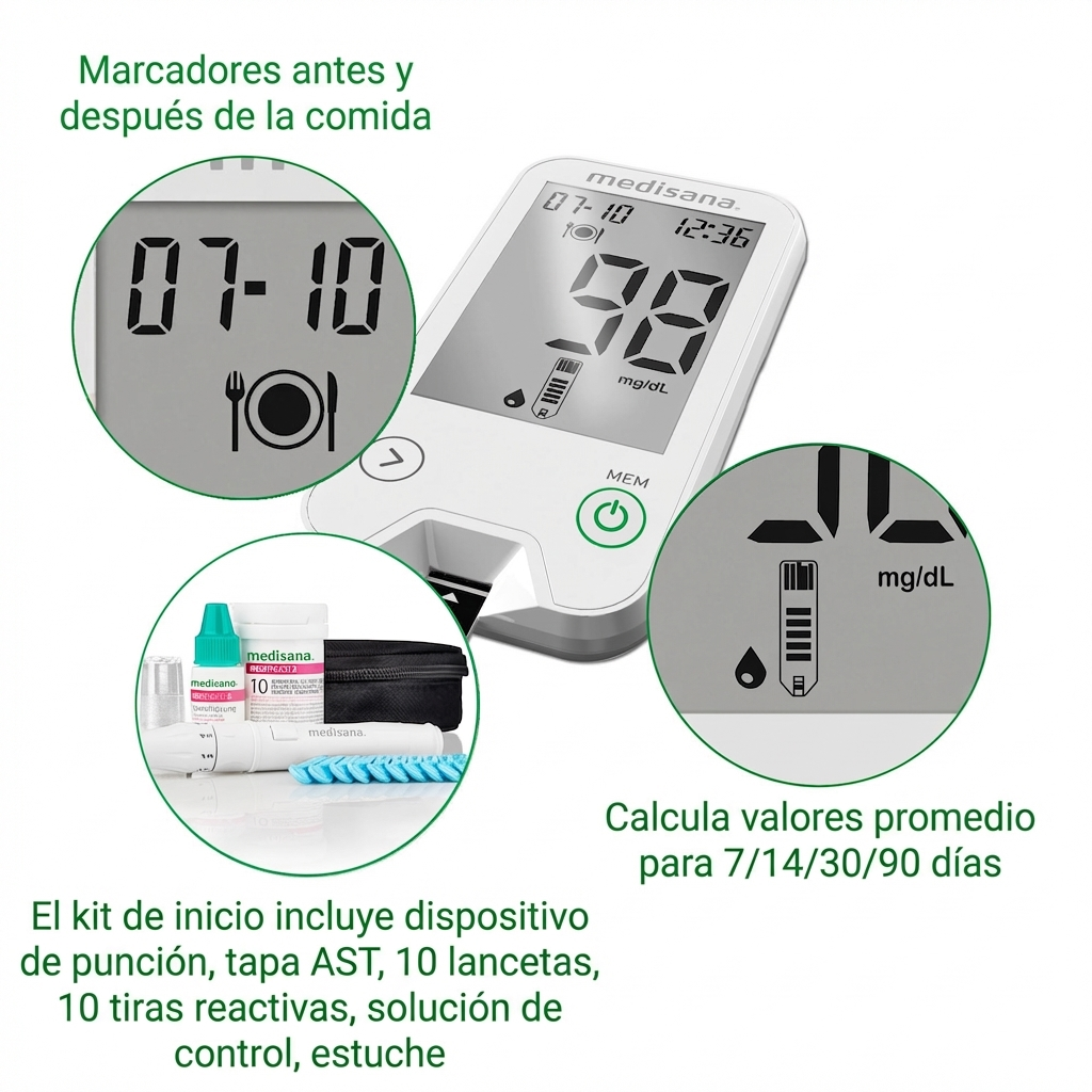 Blood glucose meter with accessories: lancets, test strips, control solution.