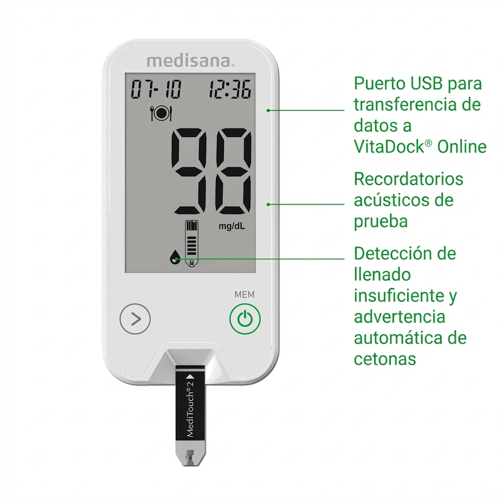 A white Medisana glucose meter with a test strip inserted.
