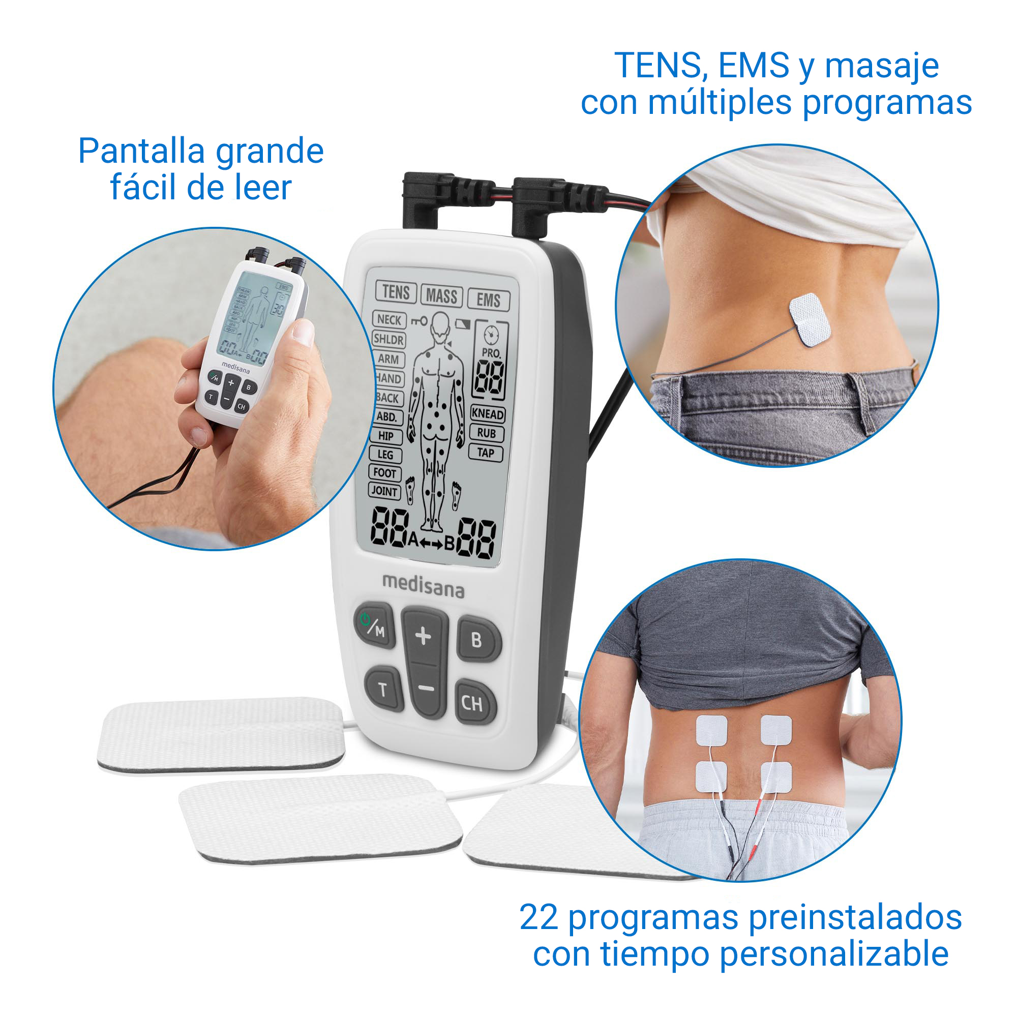 Un dispositivo TENS/EMS con pantalla sostenido por una mano y electrodos en la espalda.