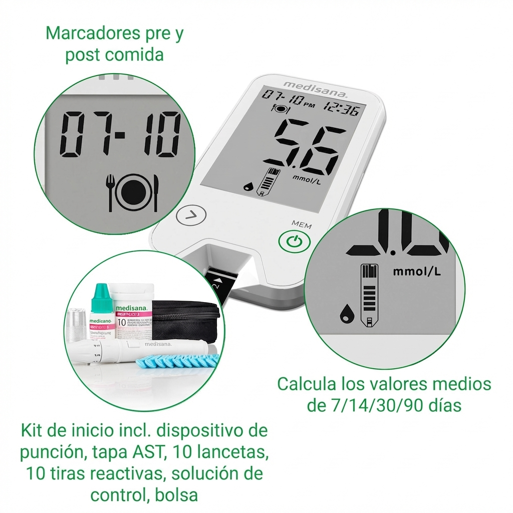 A Medisana blood glucose meter with accessories like lancets and test strips.