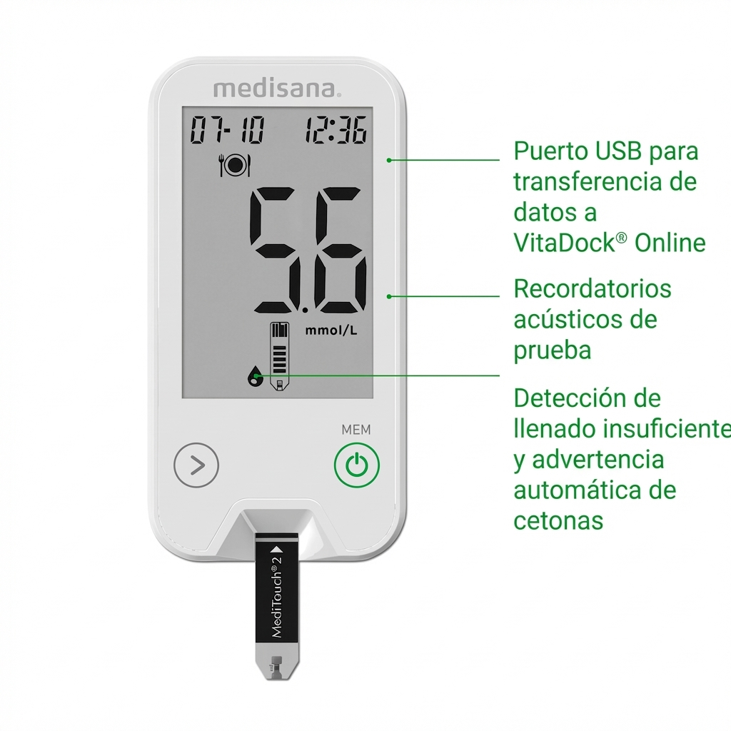 White medisana glucose meter showing 5.6 mmol/L, date, time, and battery icon.