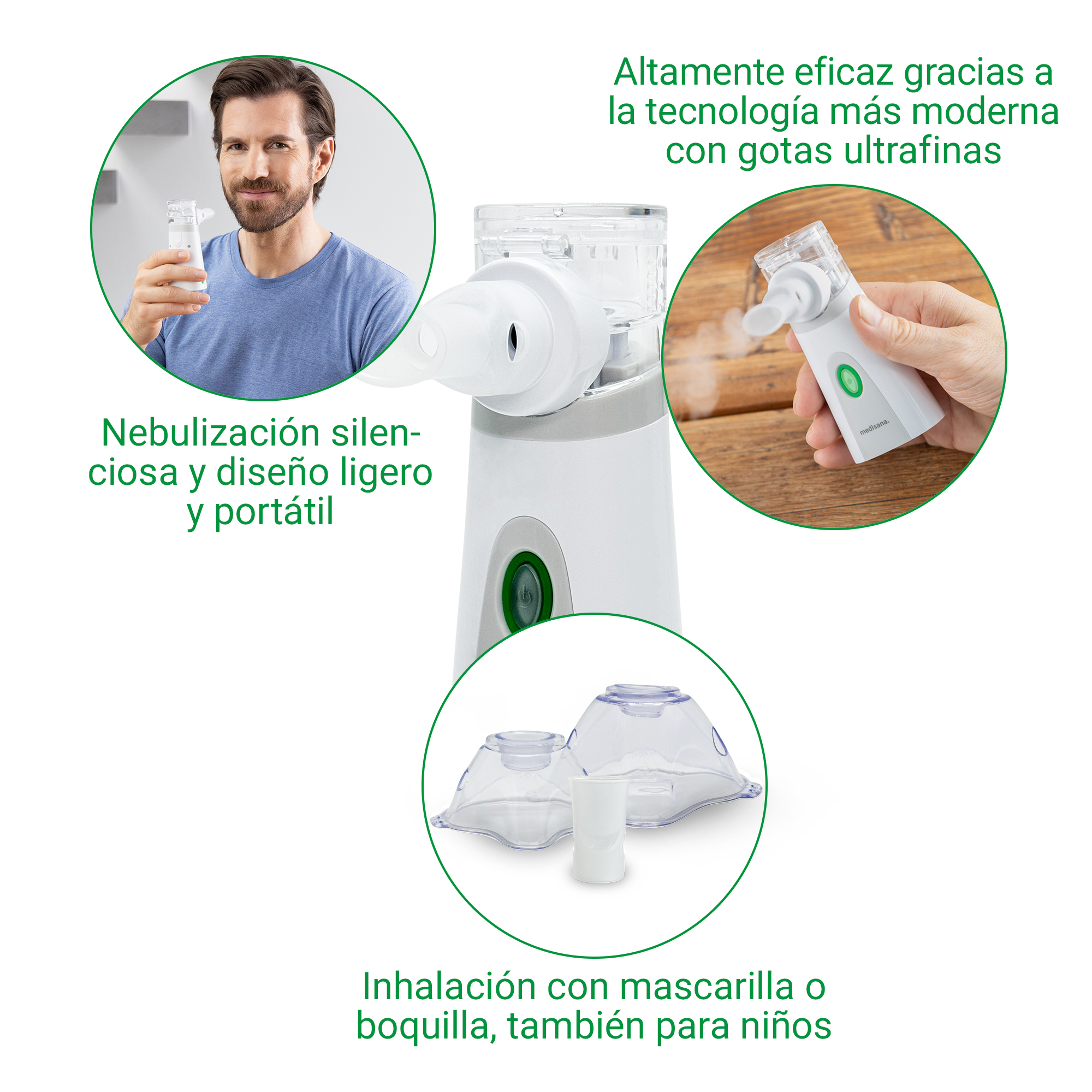 Un hombre sostiene un nebulizador. Se ven mascarillas y boquilla.