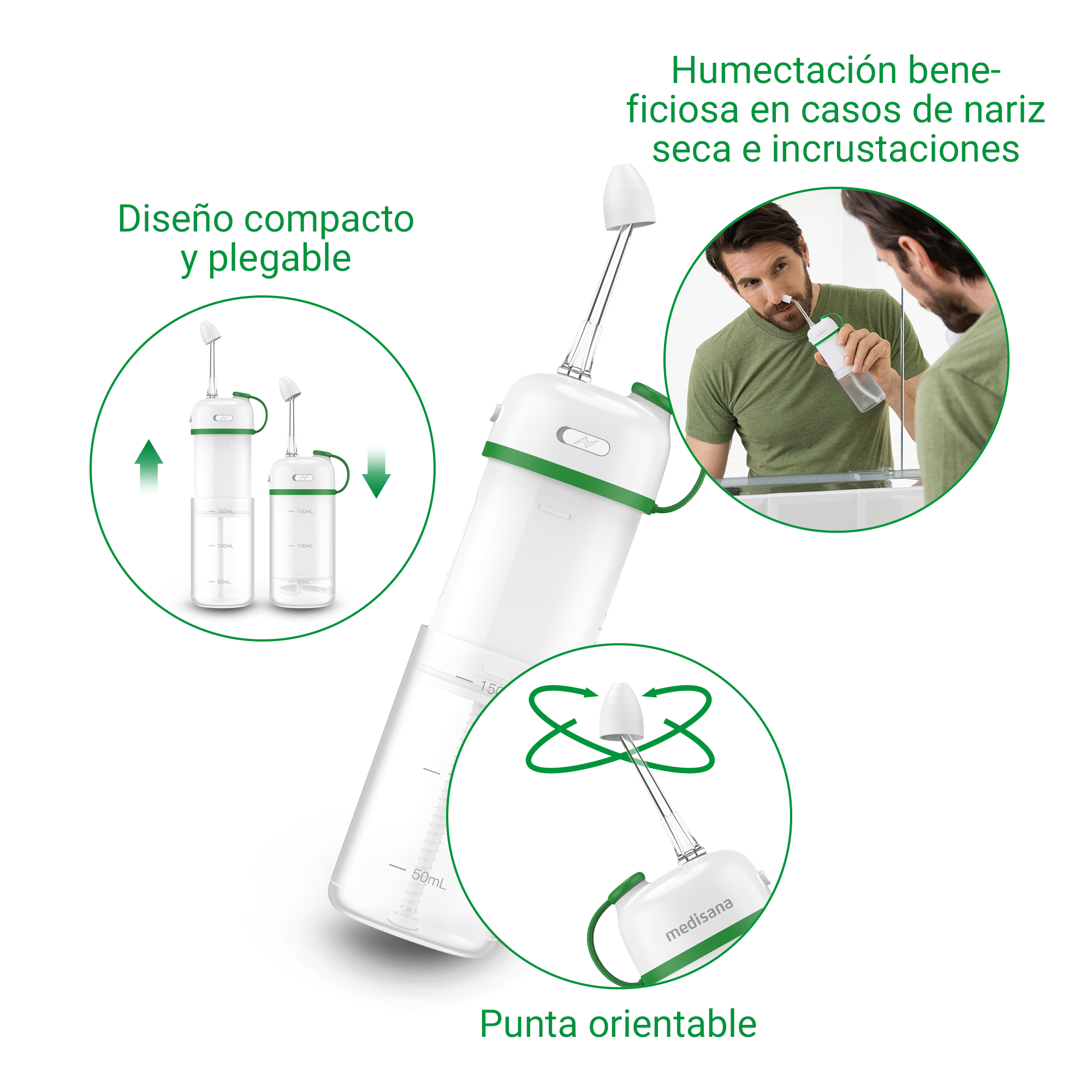 Un hombre usa un irrigador nasal frente a un espejo. Diseño compacto, plegable y punta orientable.