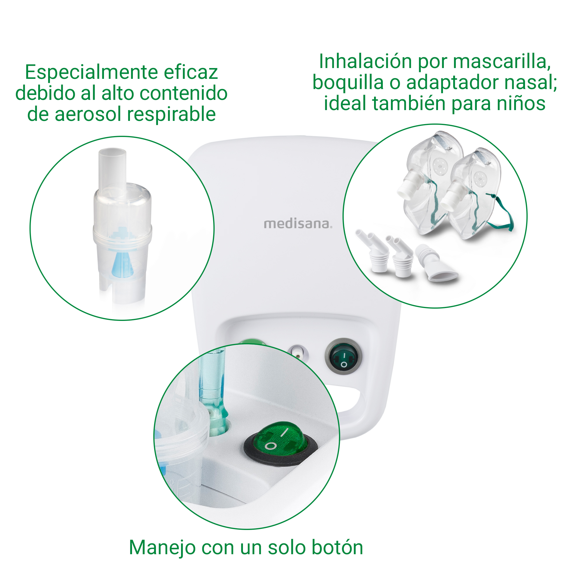 Un nébuliseur blanc Medisana avec masques et embouts. Un bouton.