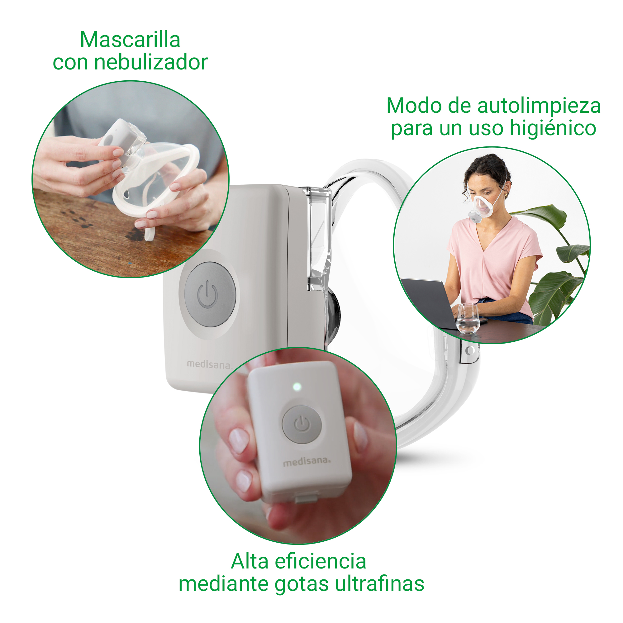 A Medisana nebulizer with mask, remote control, and woman at laptop.