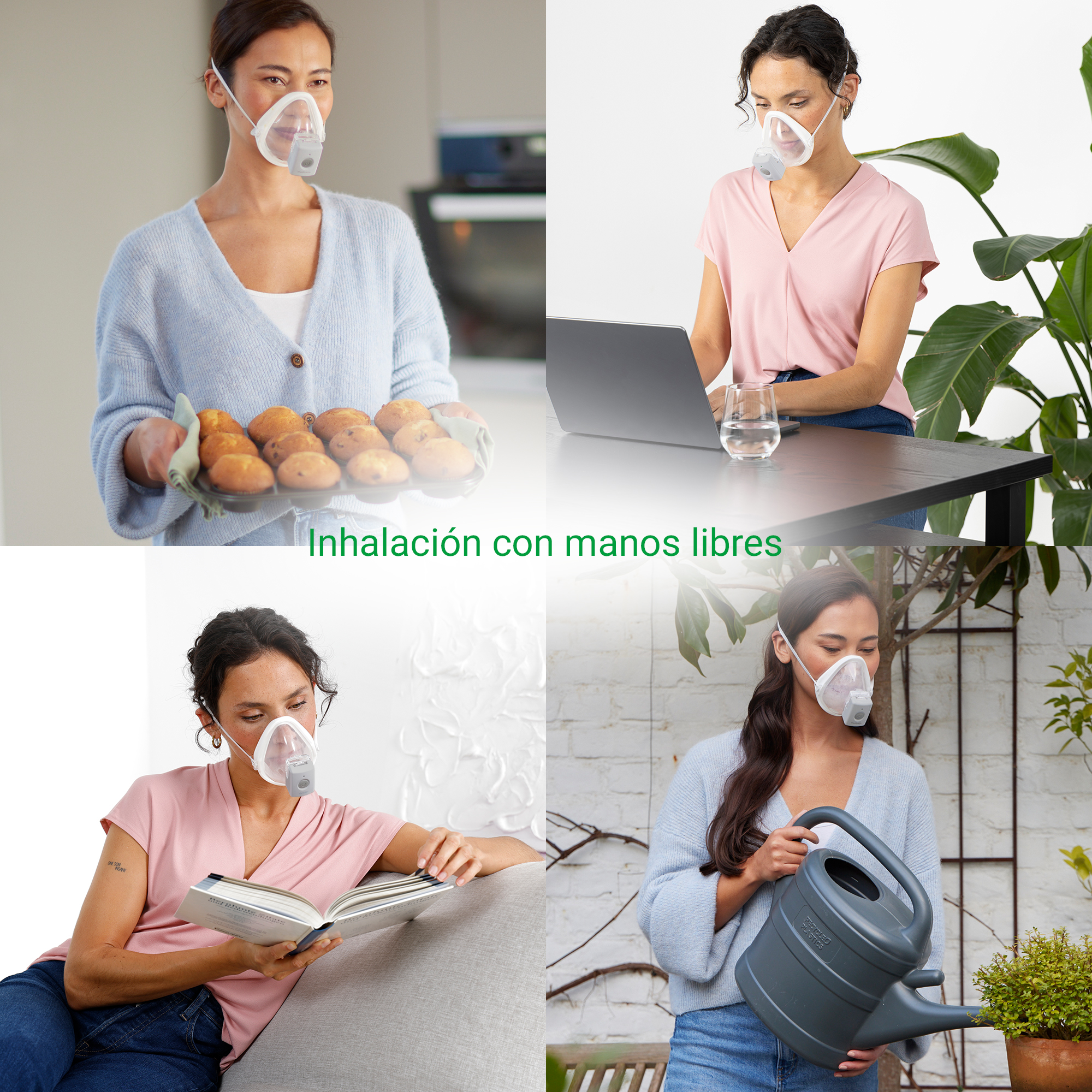 Four women wear breathing masks: baking, working, reading, gardening.