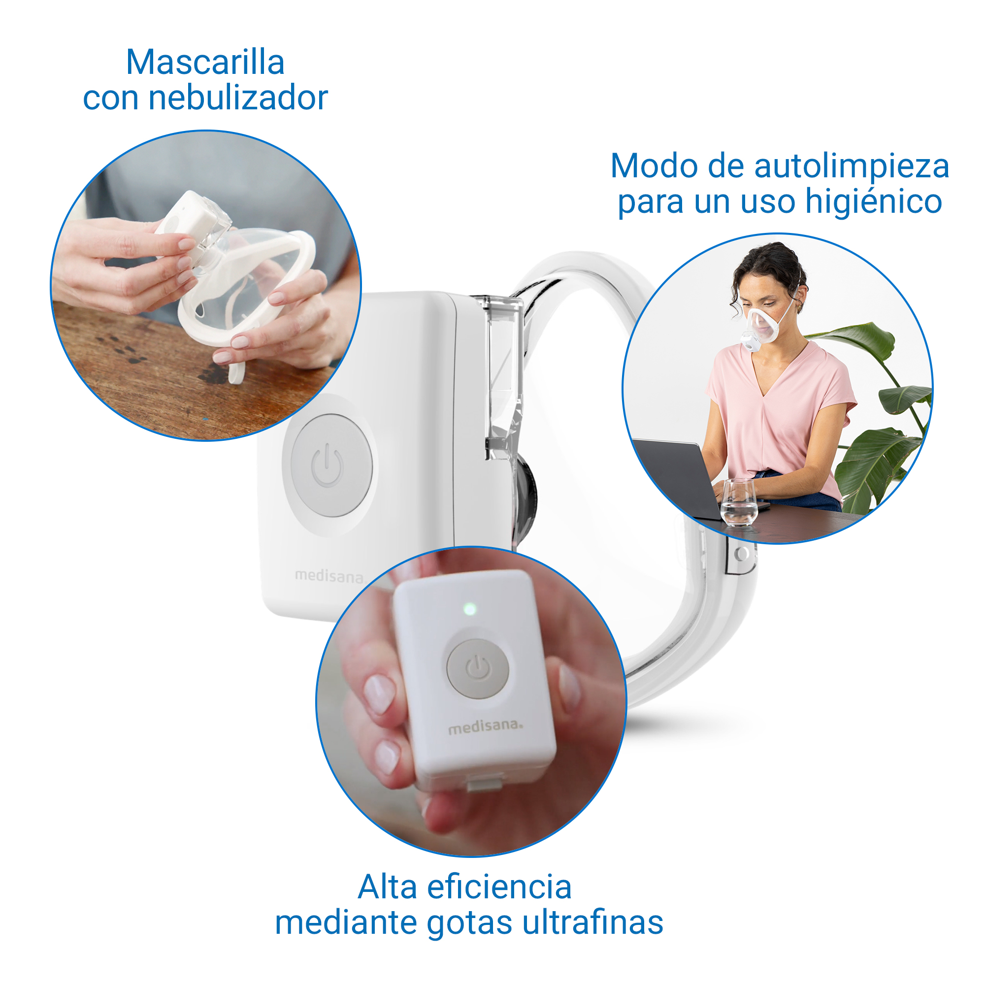 Medisana nebulizer with three views: mask with nebulizer, self-cleaning, efficient droplets.