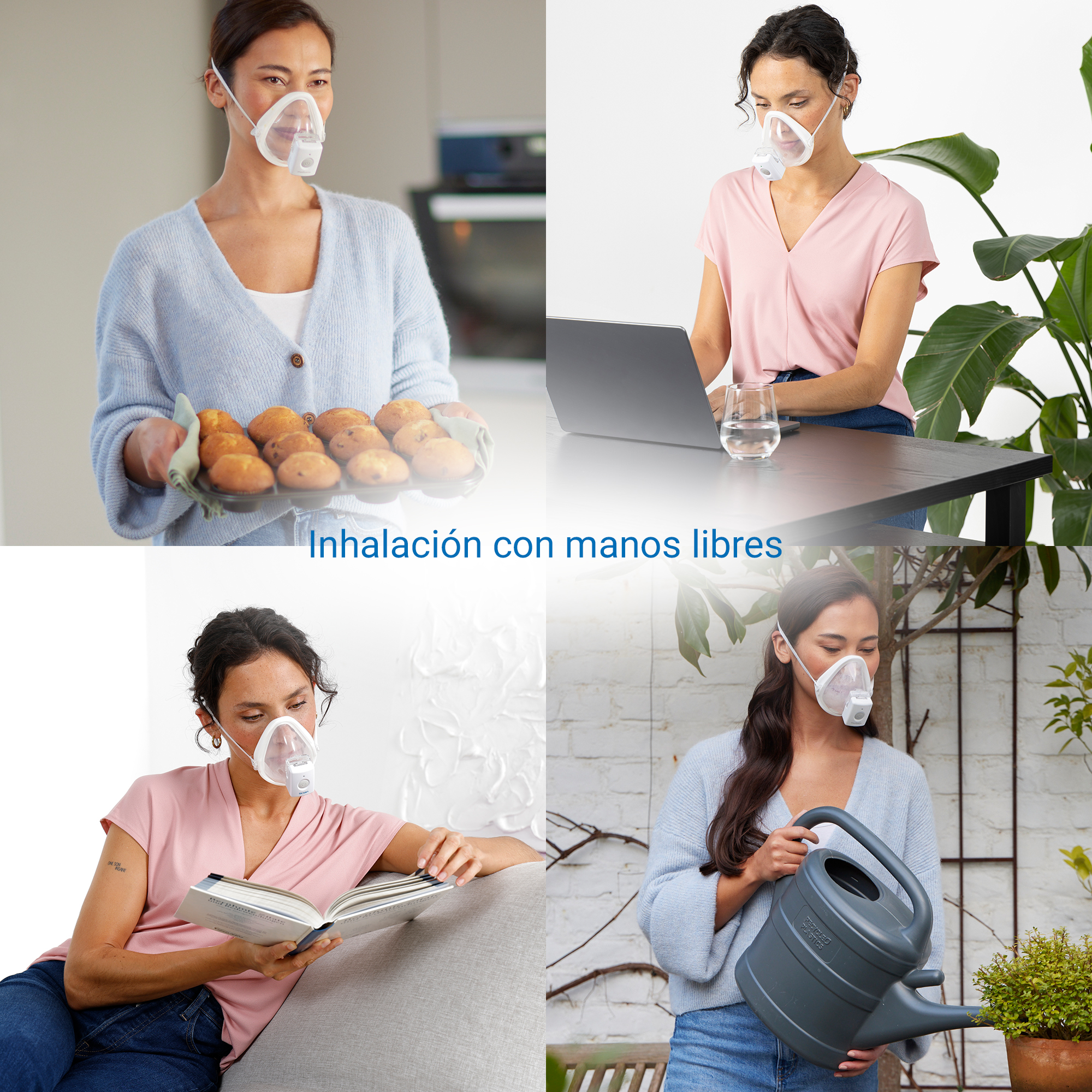 Four scenes of a woman wearing a mask: baking, at laptop, reading, watering.