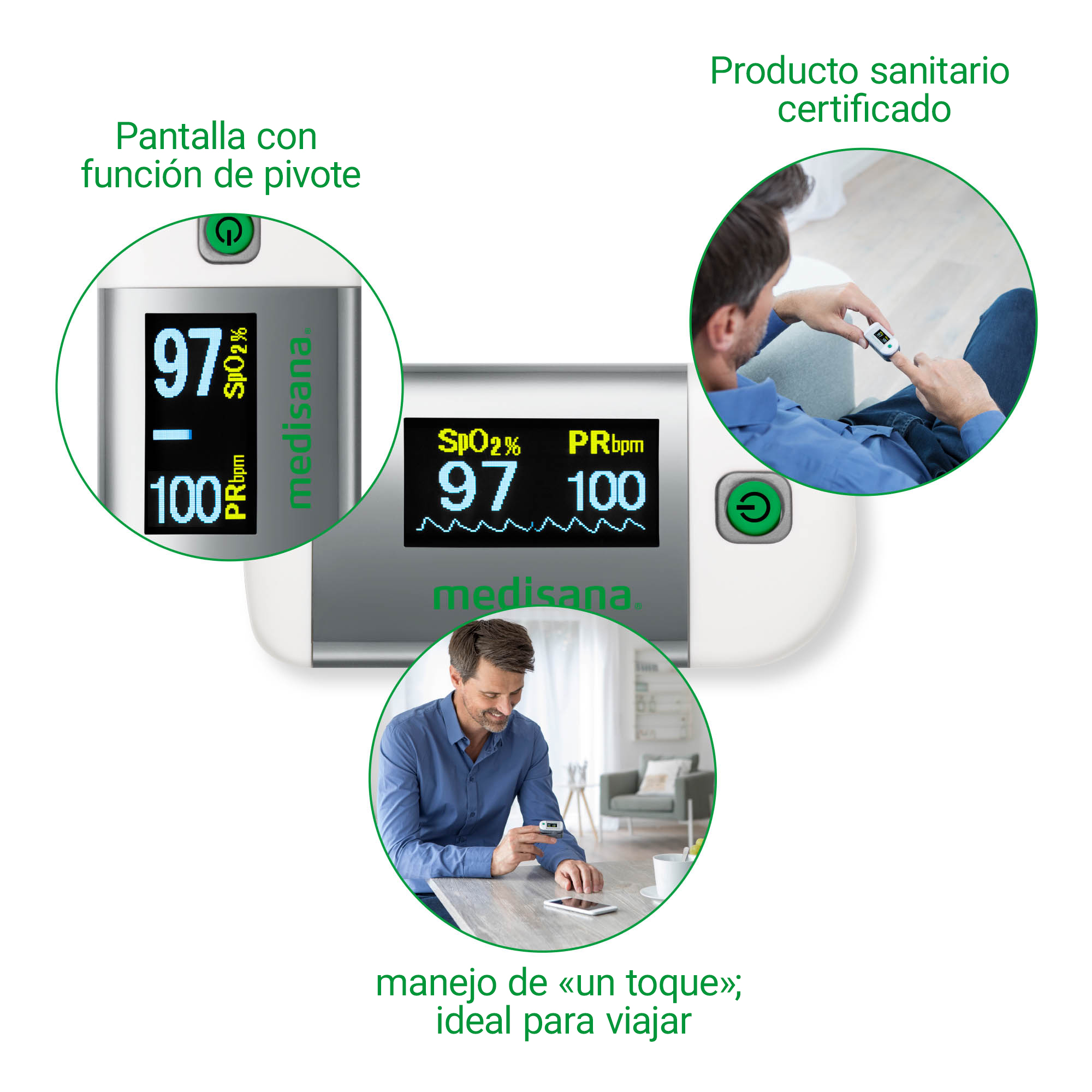 Medisana Pulsoximeter: Anzeige zeigt 97% SpO2 und 100 bpm. Zertifiziertes Medizinprodukt.
