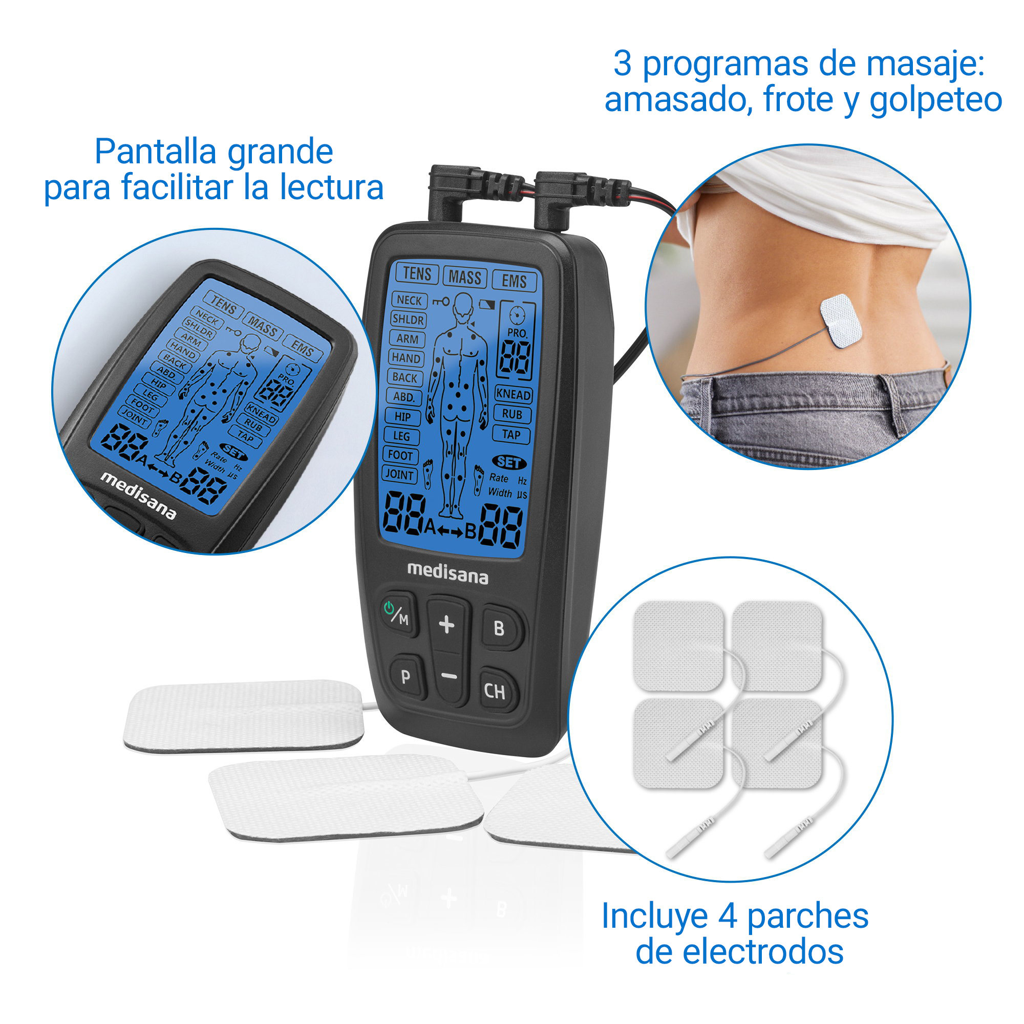 Un dispositivo TENS/EMS con parches de electrodos para masajes.