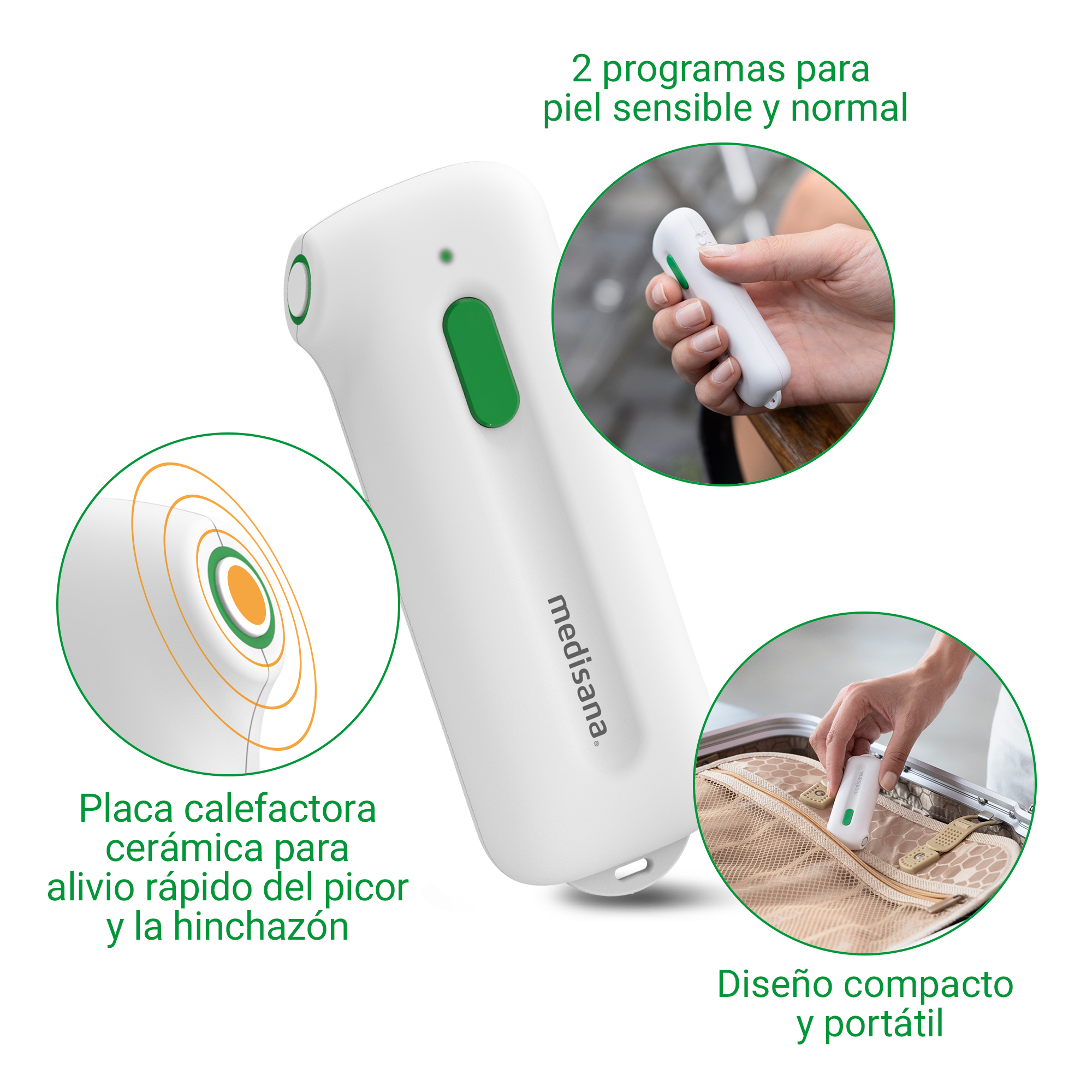 A white Medisana device with green accents, two programs, ceramic plate, travel size.