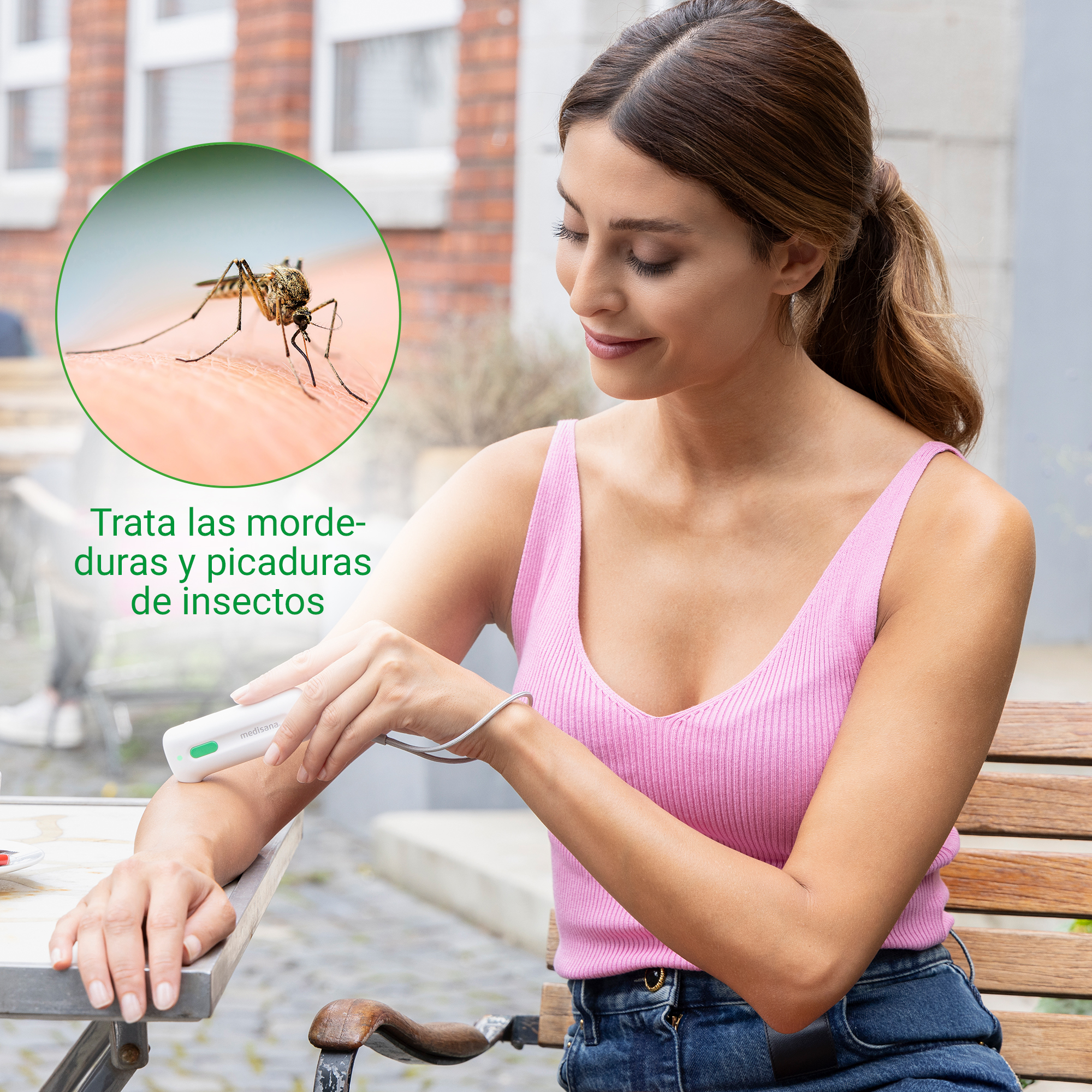 Woman treats insect bite with device. Close-up of mosquito on skin.