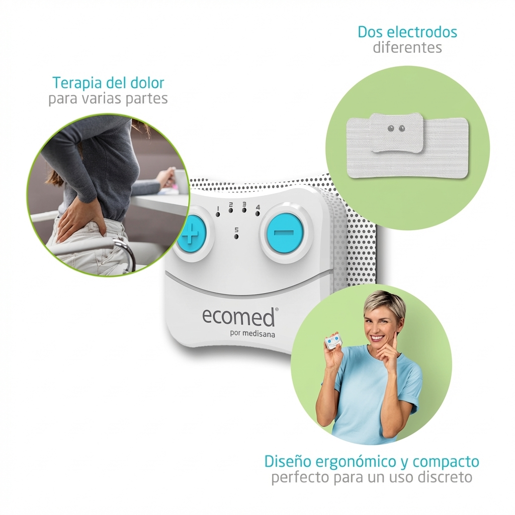 Ecomed-Gerät mit Elektroden, Rückenschmerzen-Therapie und lächelnder Frau.