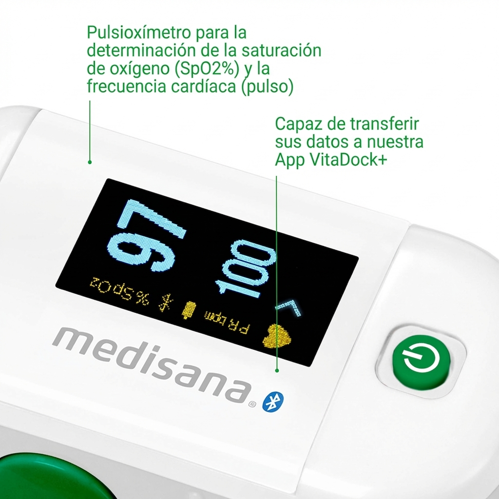 Ein weißes Fingerspitzen-Pulsoximeter mit beleuchtetem Display, das SpO2 und Puls anzeigt.