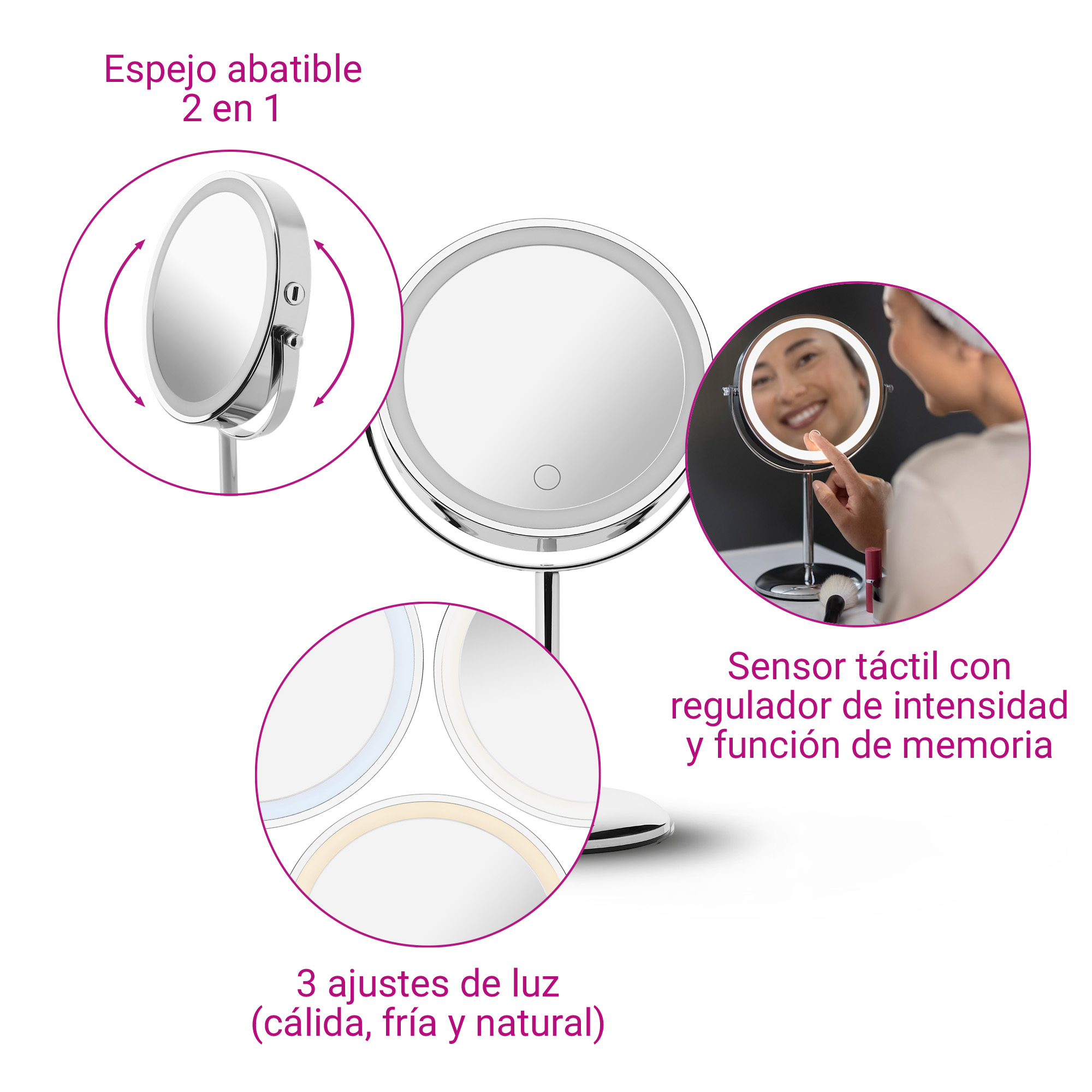 Ein beleuchteter Kosmetikspiegel mit Touch-Sensor und drei Lichtmodi.