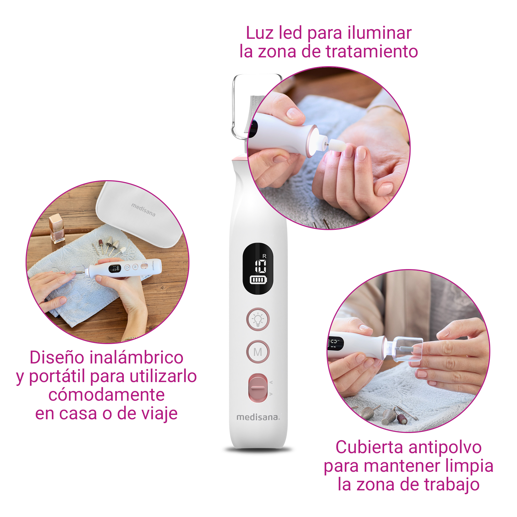 Dispositivo elettrico per la cura delle unghie con accessori.