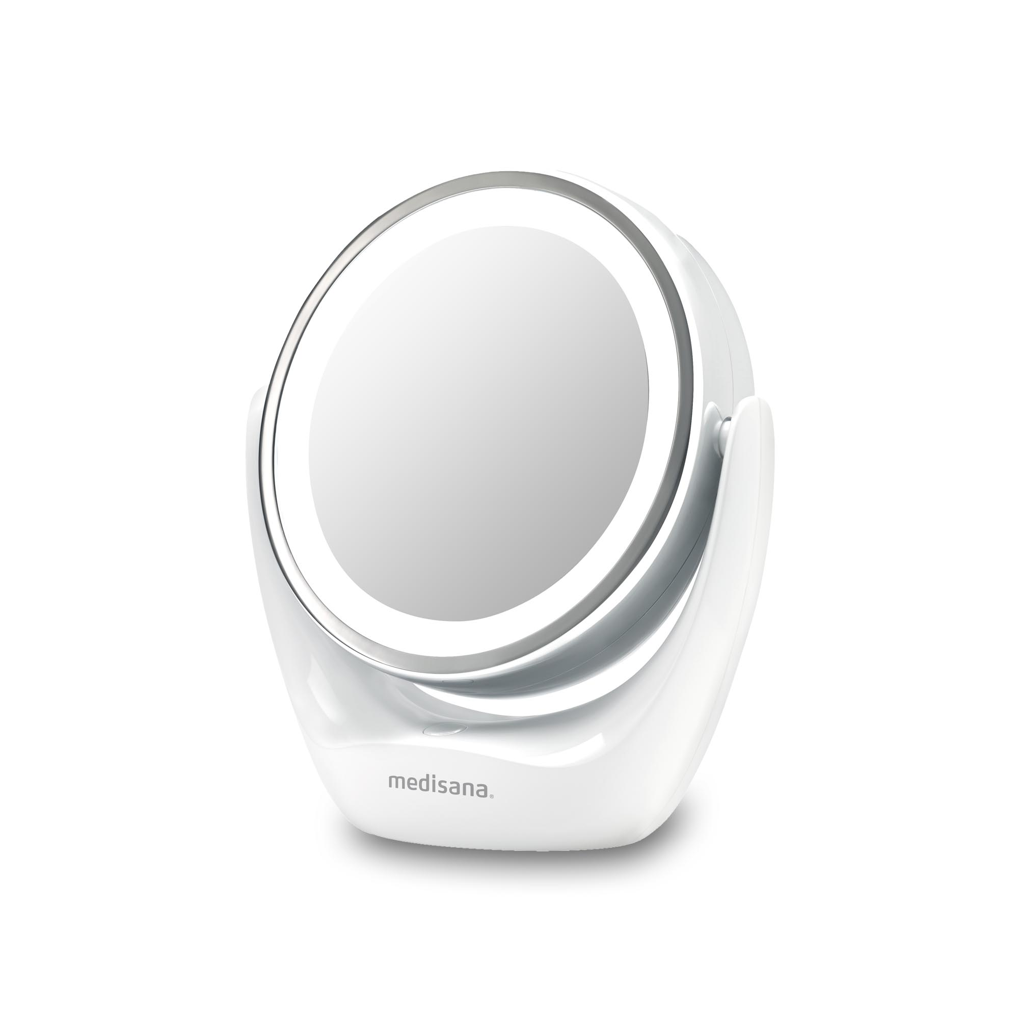 Uno specchio per il trucco bianco illuminato con supporto a collo d'oca.