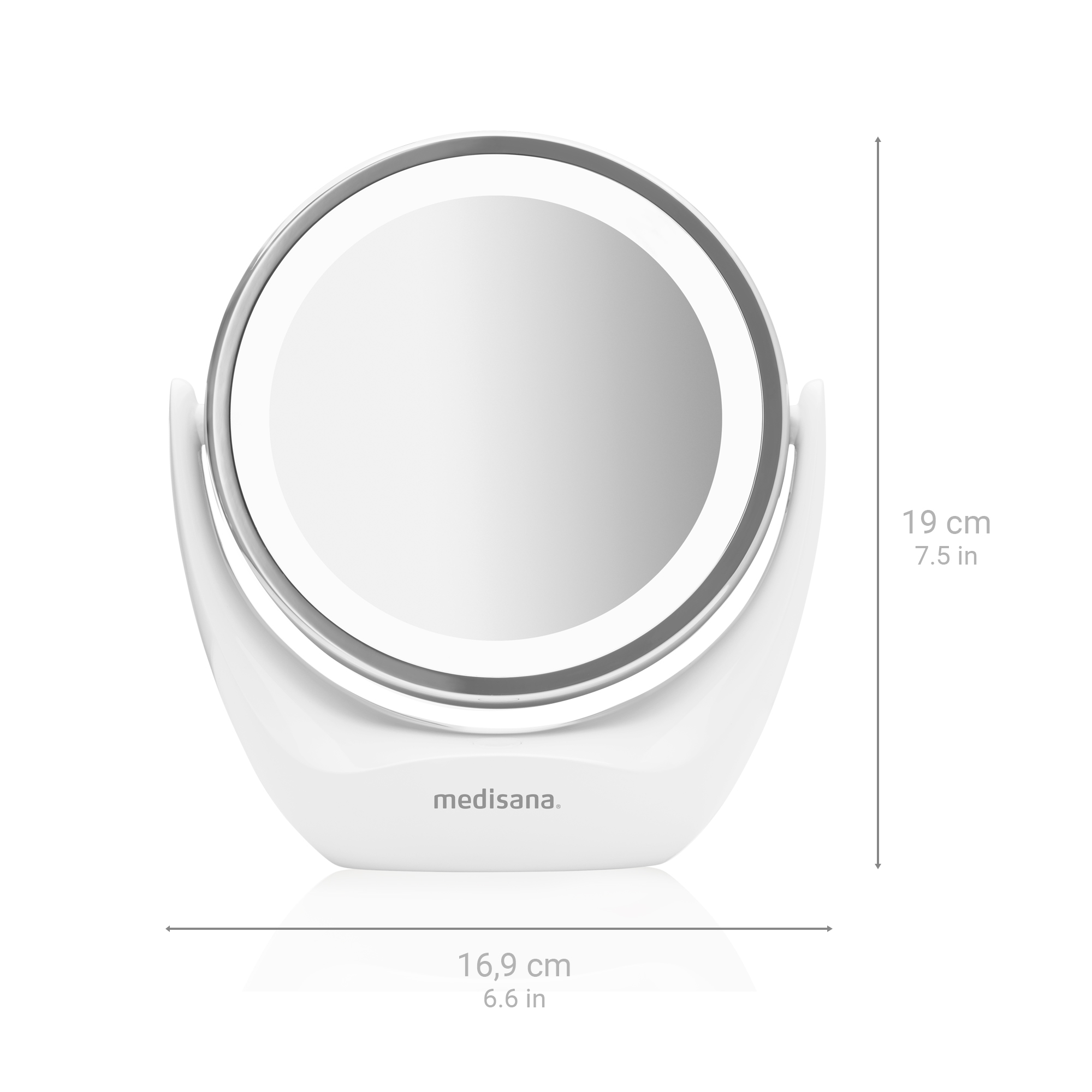 Uno specchio cosmetico illuminato bianco Medisana, alto 19 cm.