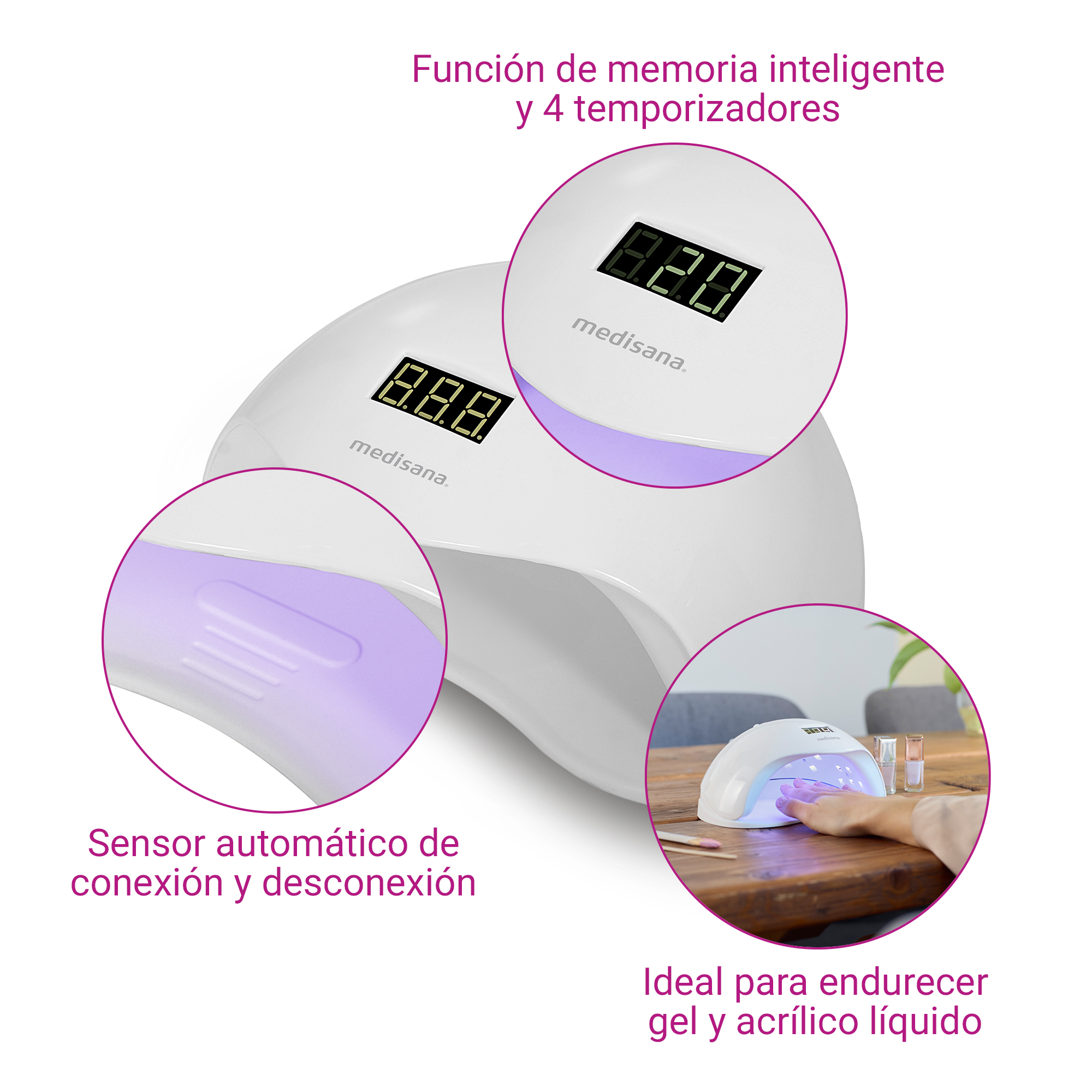 Weiße Nageltrocknerlampe mit digitaler Anzeige und Hand.