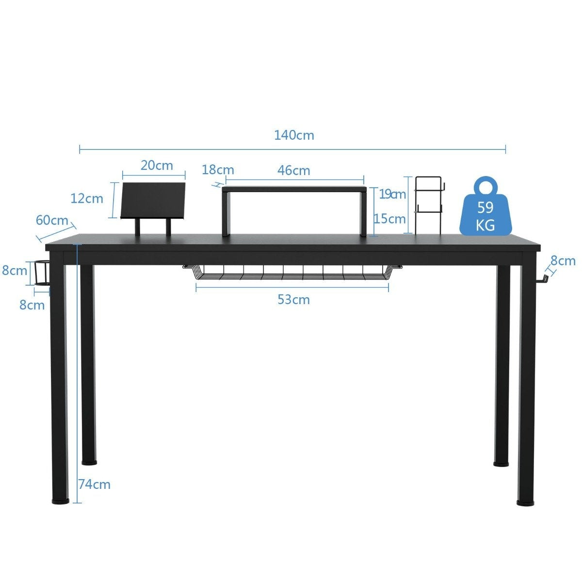 Zwart bureau met afmetingen, monitorstandaard en gewichtsaanduiding.