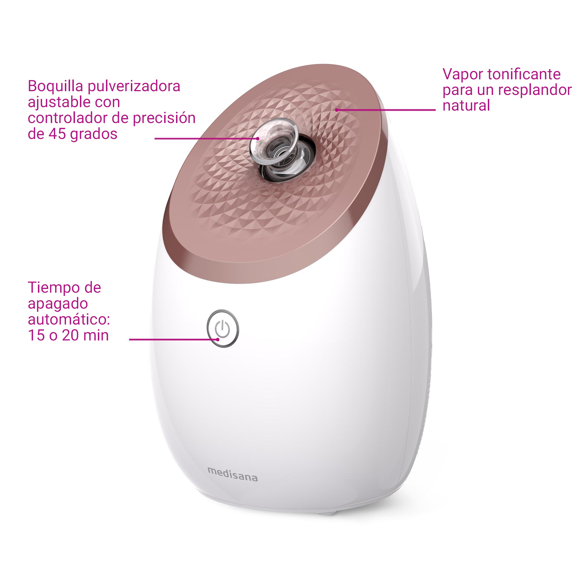 Un vaporisateur facial blanc avec détail or rose et buse de pulvérisation réglable.