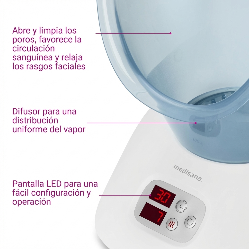 Vapozon de soin du visage blanc avec réservoir bleu et écran LED.