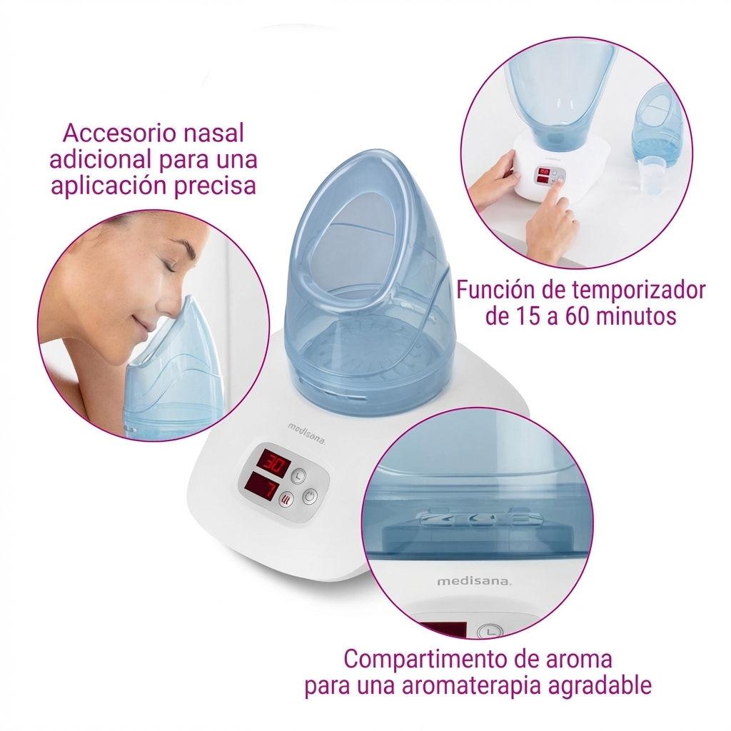 Un vaporisateur Medisana blanc avec réservoir bleu et affichage de minuterie numérique.