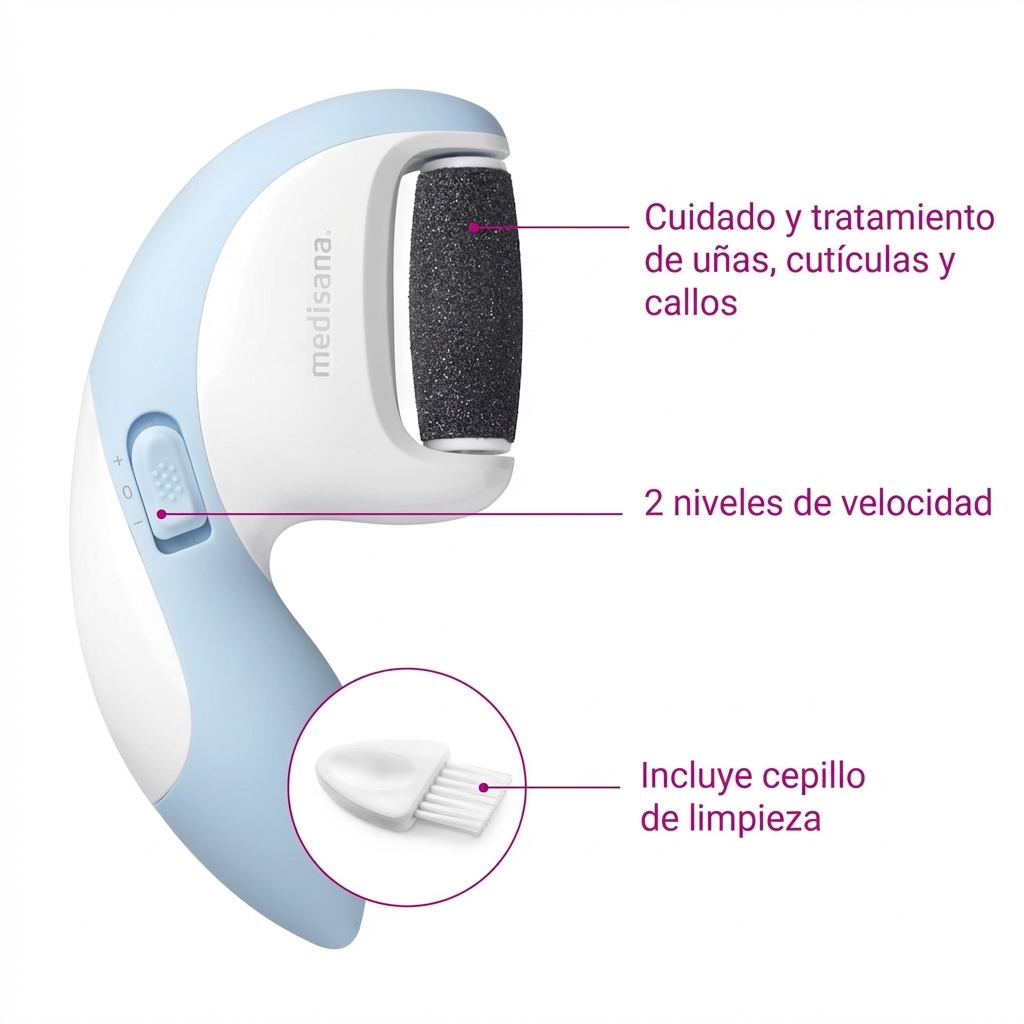 Appareil de pédicure Medisana avec embouts pour ongles, cuticules et callosités.