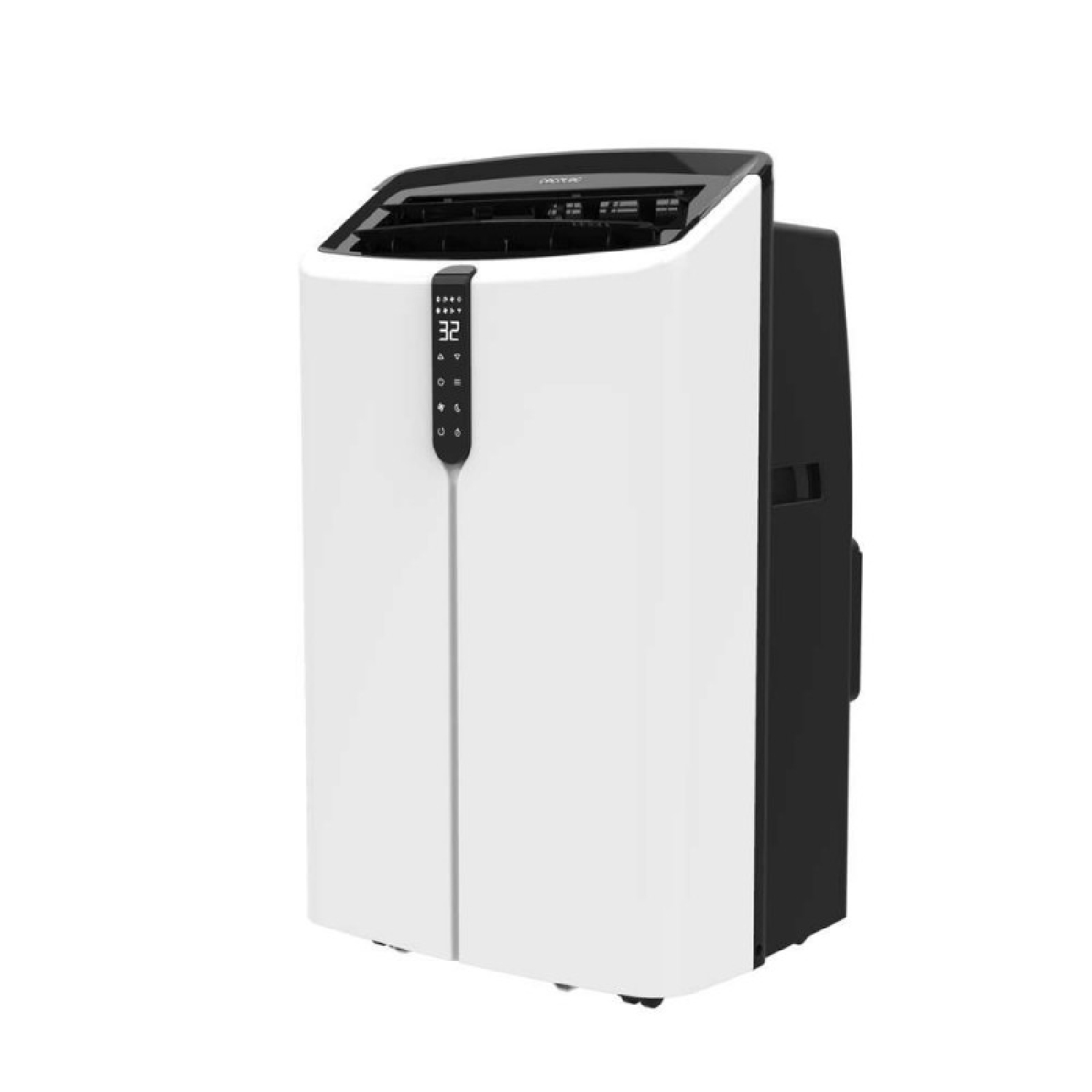 Una torre de aire acondicionado portátil blanca con base negra y panel de control.