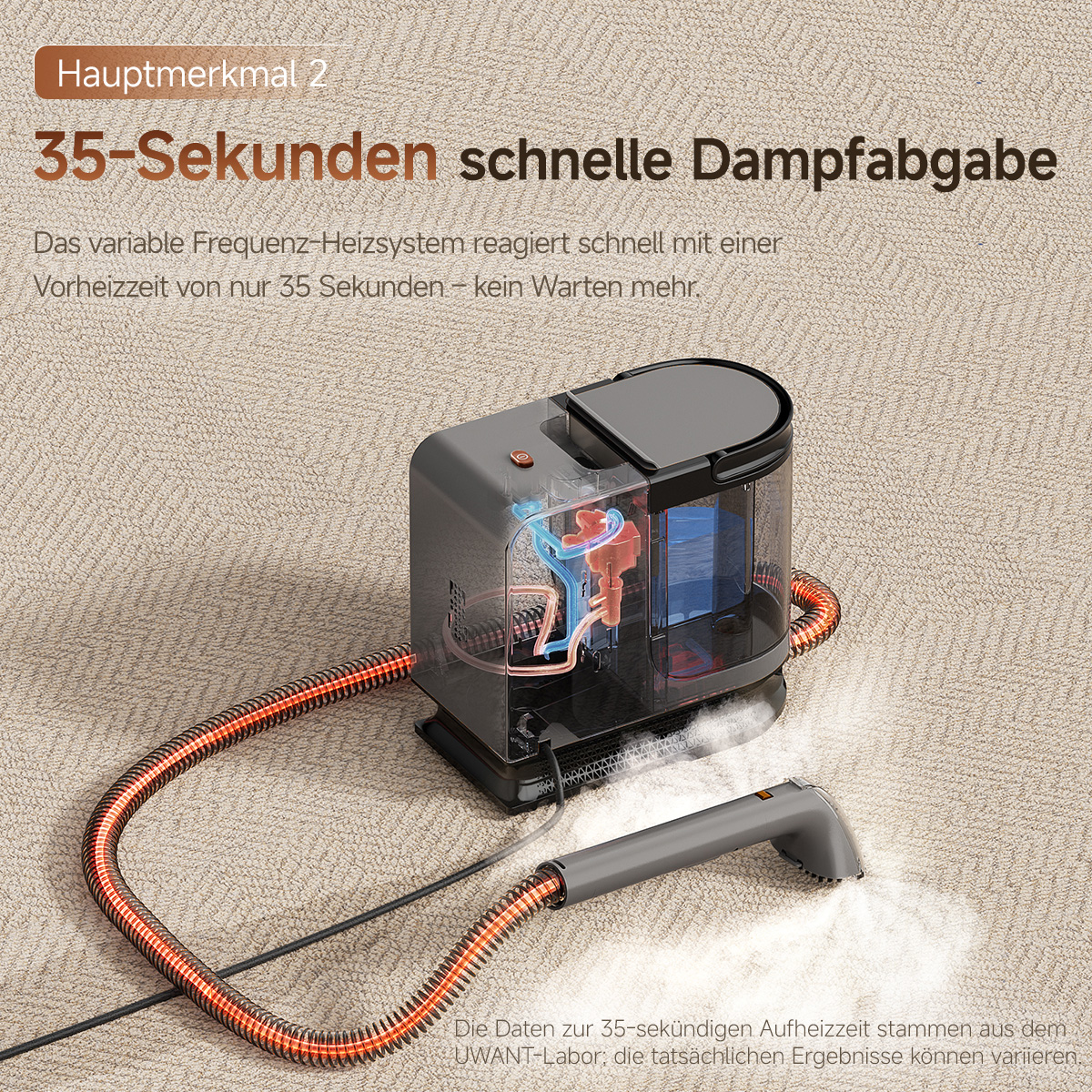 Dampfreiniger mit Schlauch und Düse, heizt schnell auf.