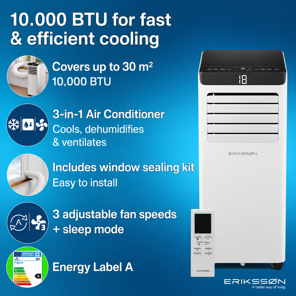 Witte Eriksson mobiele airco: 10.000 BTU, 30m², 3-in-1, raamkit, 3 snelheden, slaapmodus.