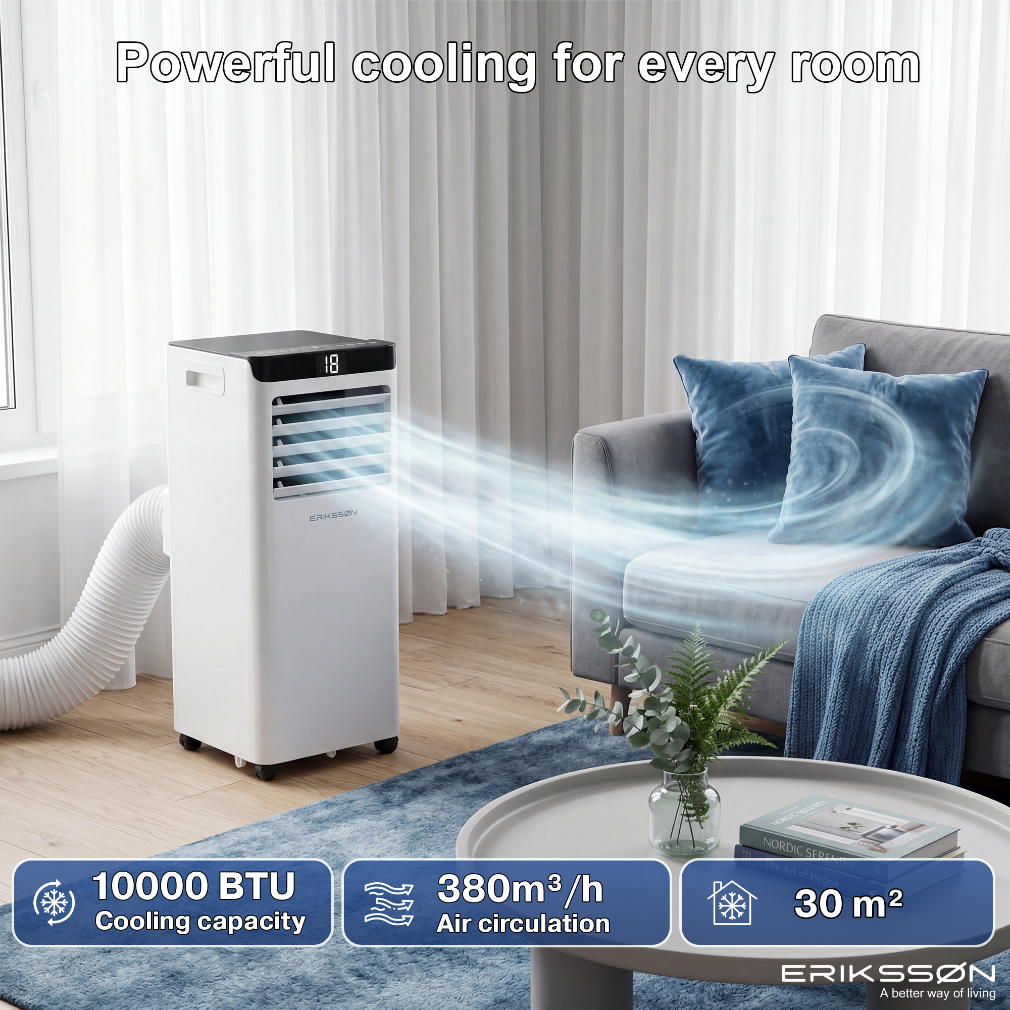 Een witte mobiele airco koelt een kamer met blauwe accenten.