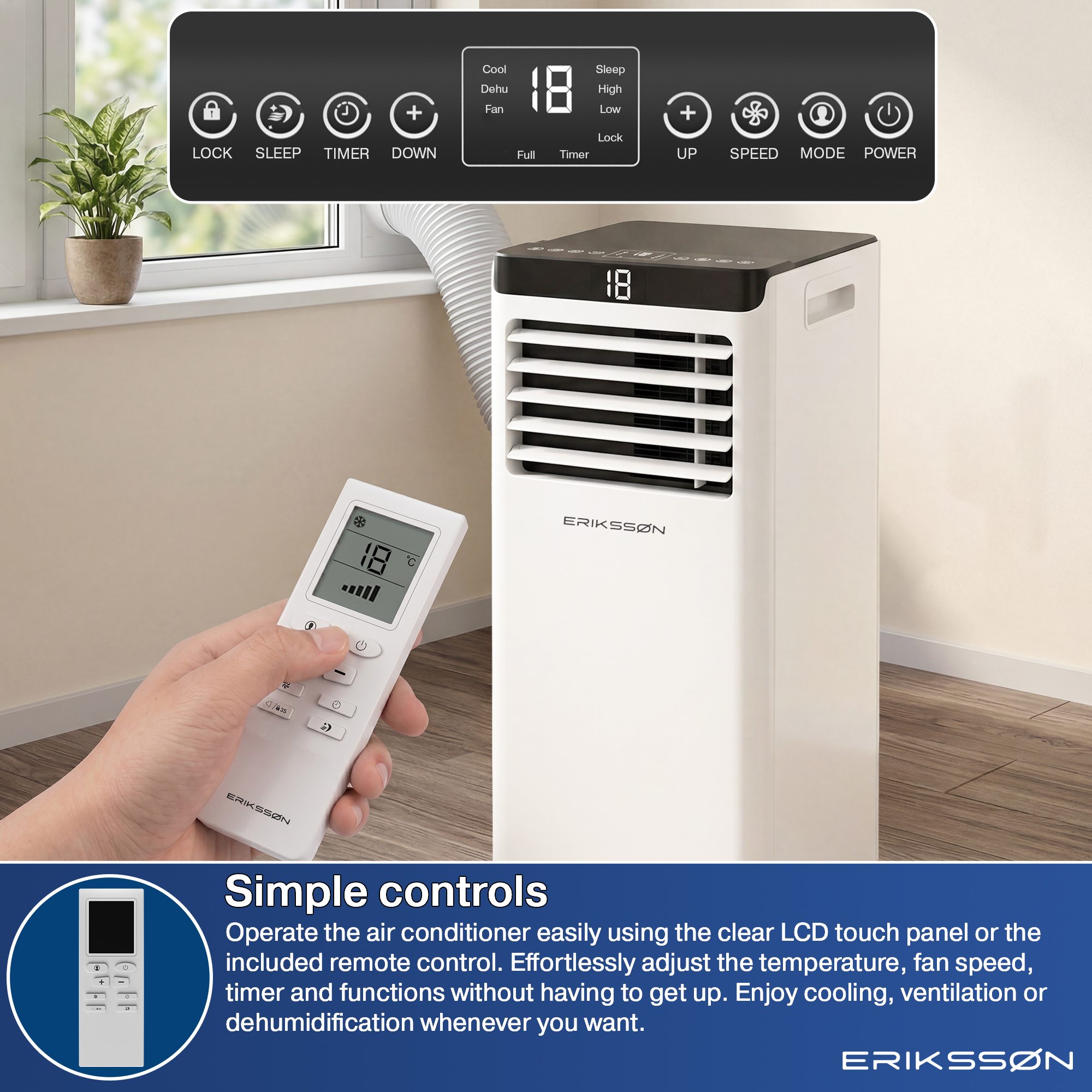 Hand houdt afstandsbediening voor airconditioner met display op 18°C.