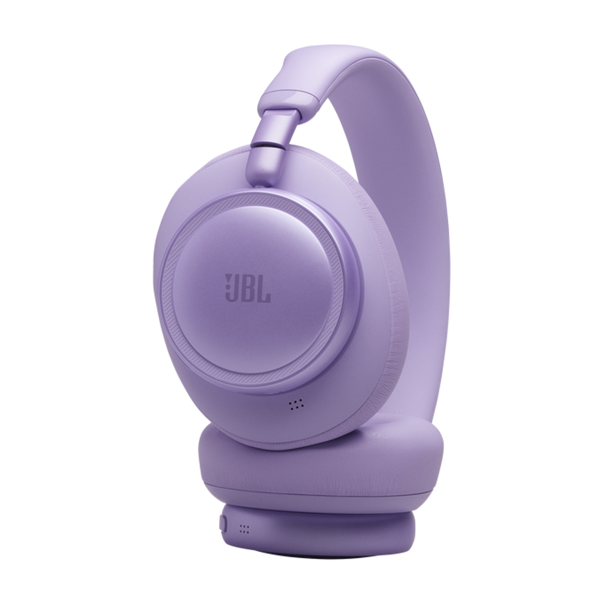 Un auricolare JBL viola con padiglioni e archetto, mostrato su sfondo nero.