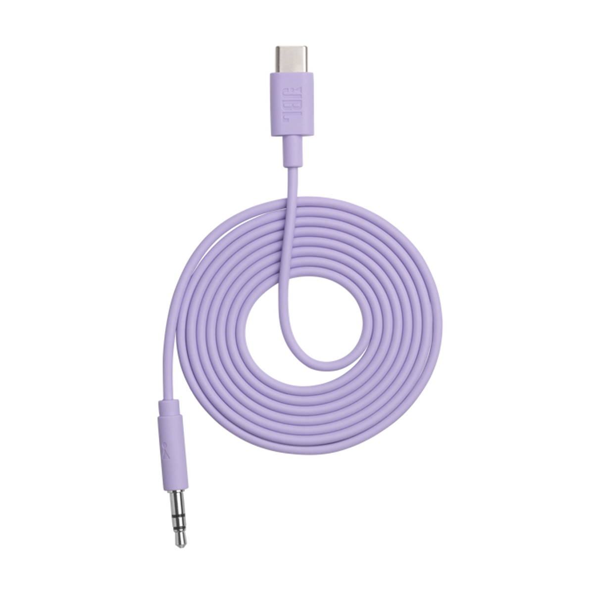 Un cavo audio USB-C a 3,5 mm color lavanda avvolto con marchio JBL.