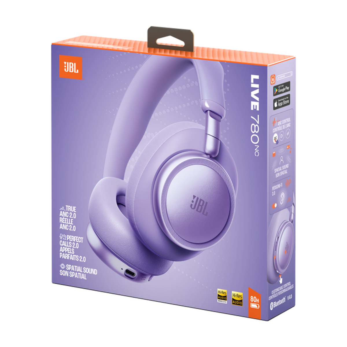 Cuffie JBL viola in una scatola viola con informazioni sul prodotto.