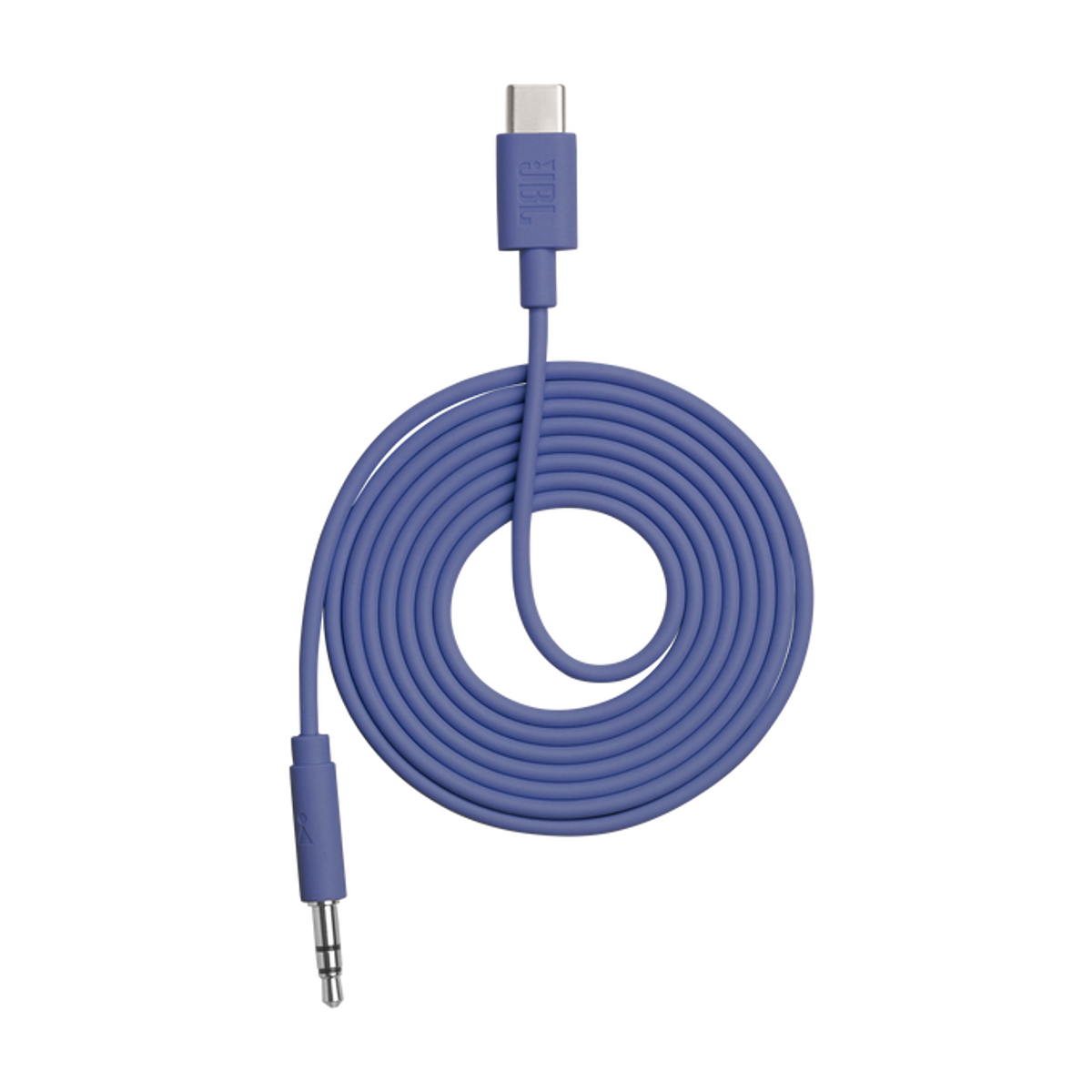 Ein blaues Kabel mit USB-C und 3,5-mm-Stecker, aufgerollt.