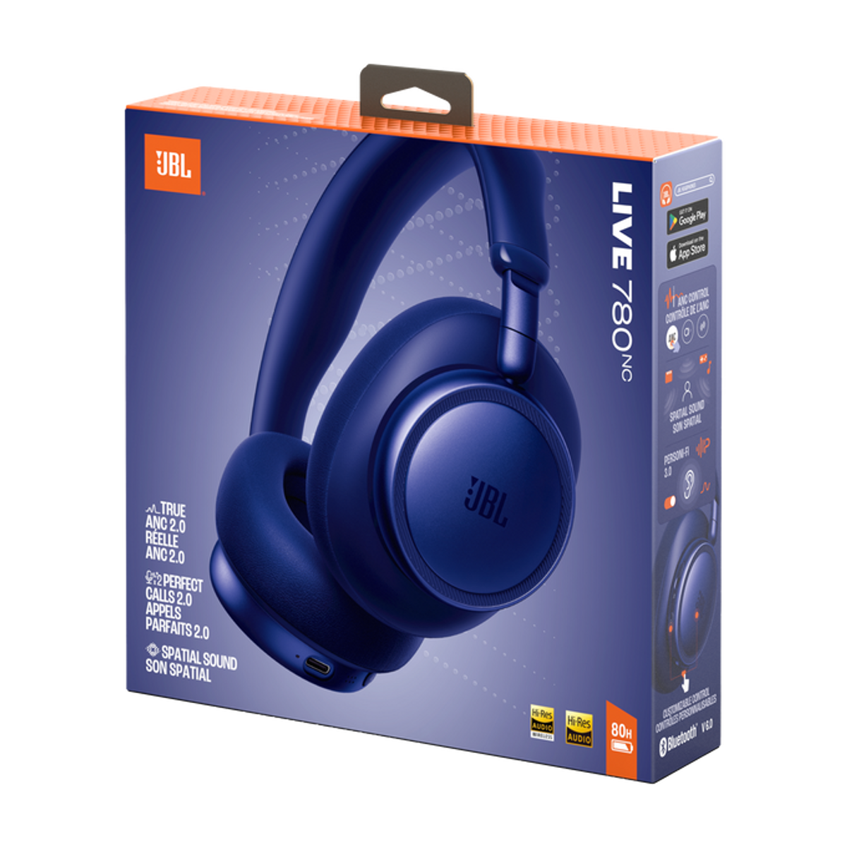 Verpackung für JBL Live 780NC Kopfhörer in Dunkelblau mit Produktmerkmalen.