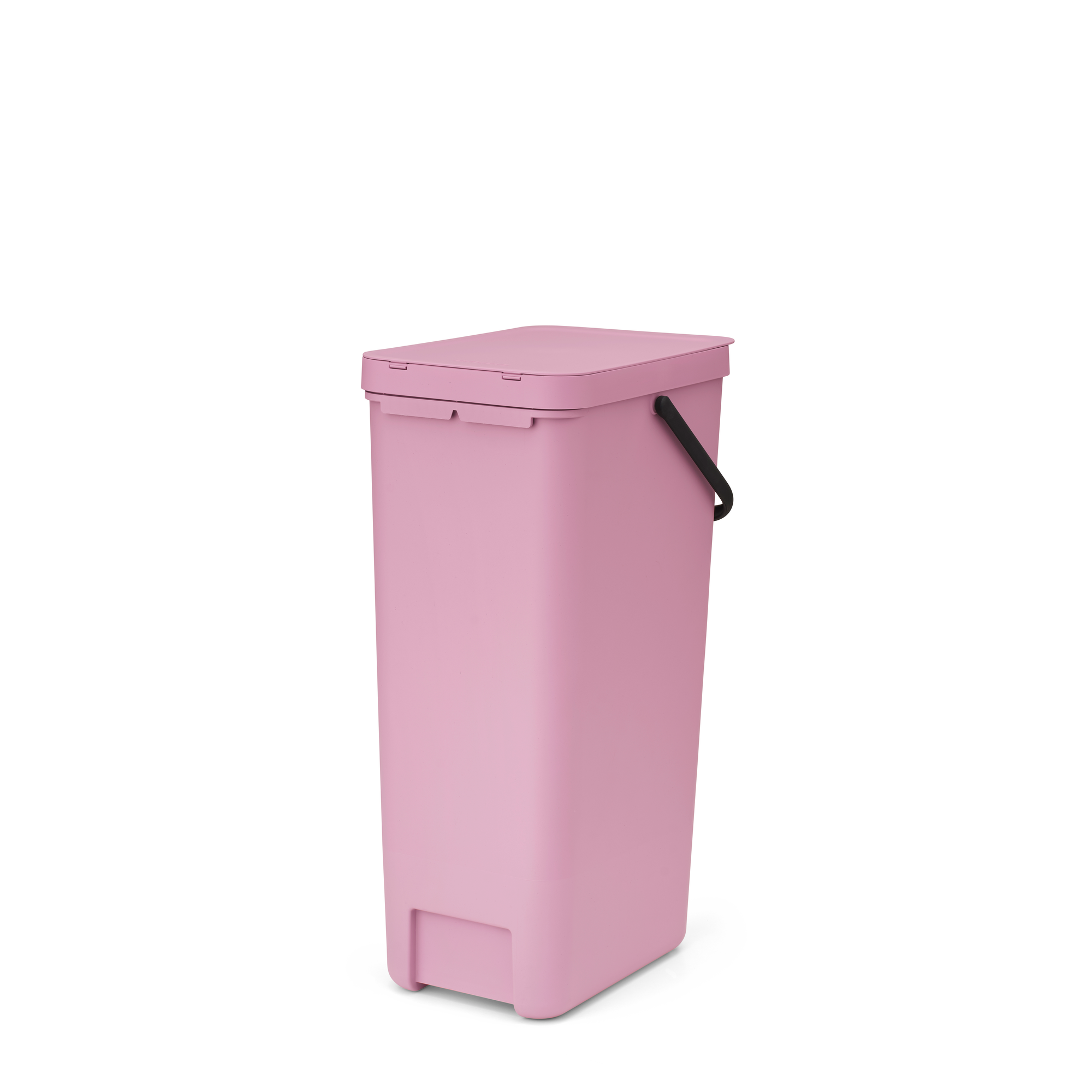Een hoge, slanke, roze prullenbak met een zwart handvat en deksel.
