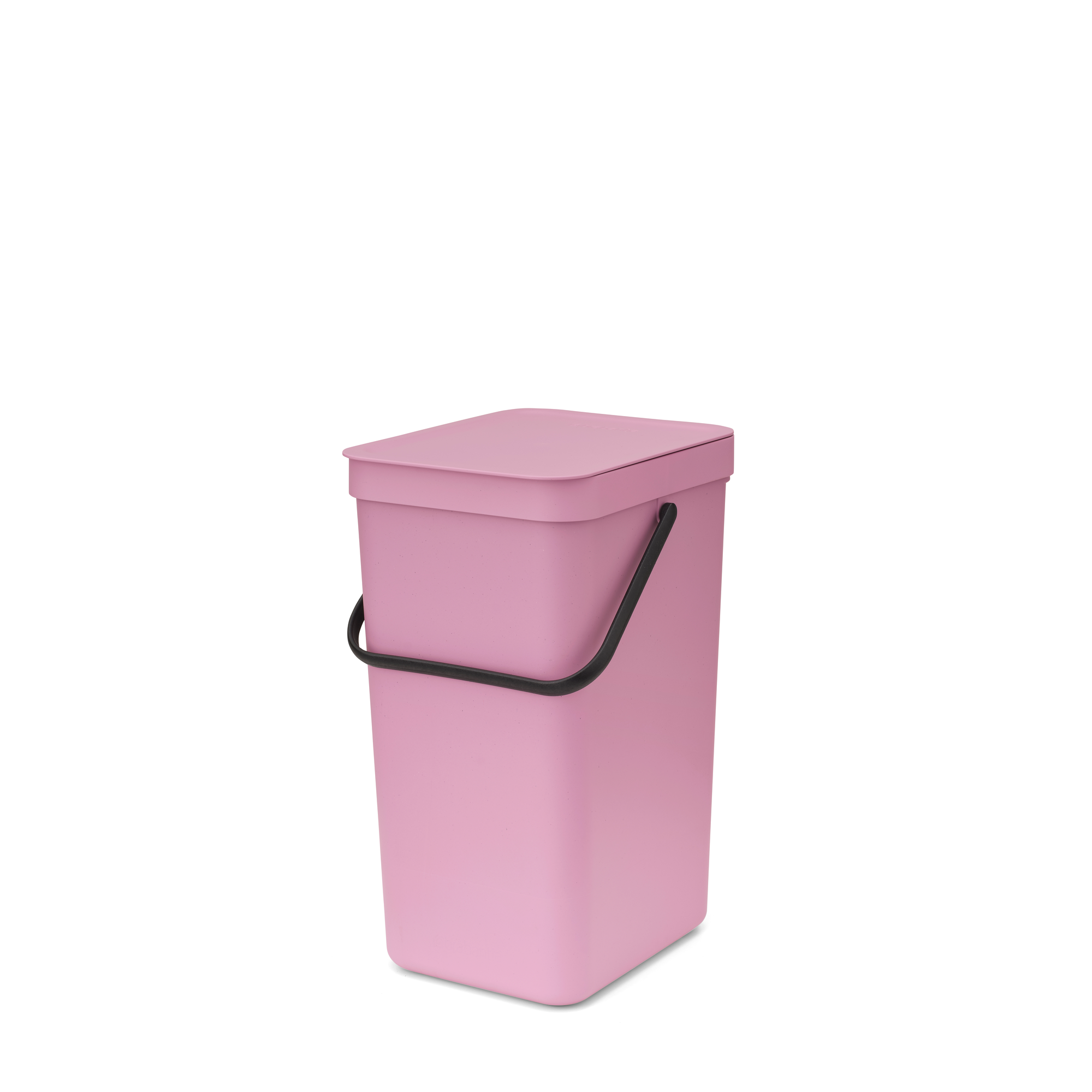Een roze rechthoekige bak met zwart handvat en deksel staat op witte achtergrond.