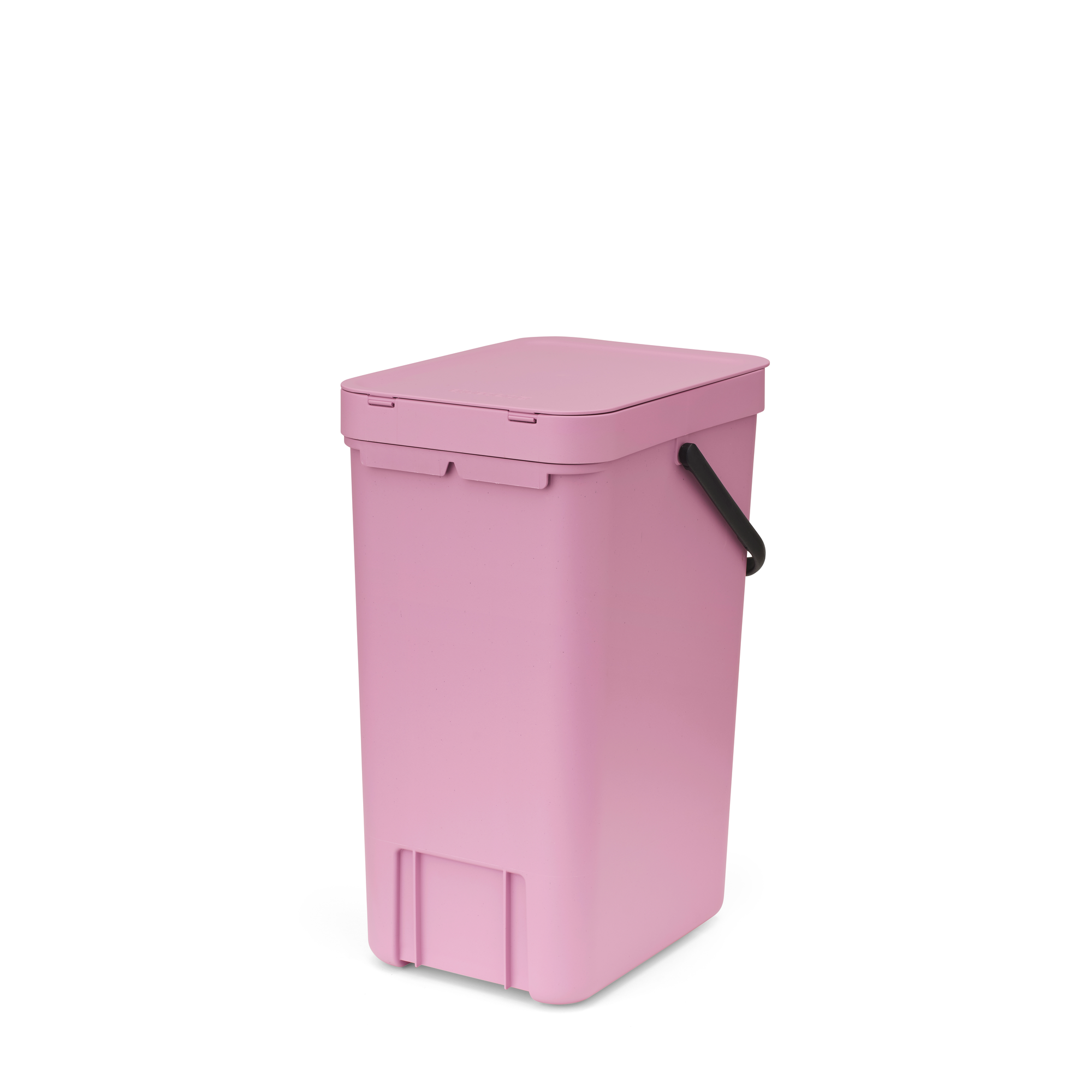 Een roze prullenbak met een zwart handvat en deksel, op een witte achtergrond.